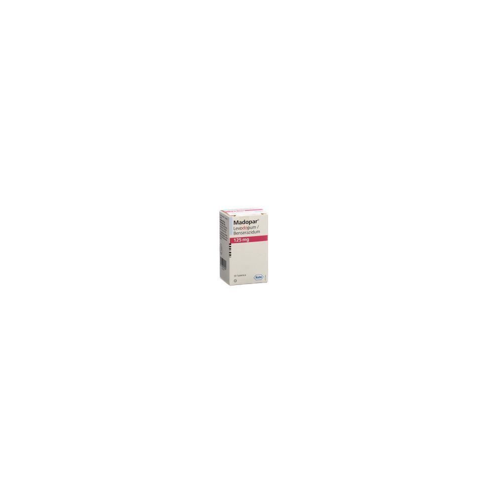 Boîte de comprimés Madopar 125 mg, 30 comprimés. Inscription en rouge sur fond blanc.