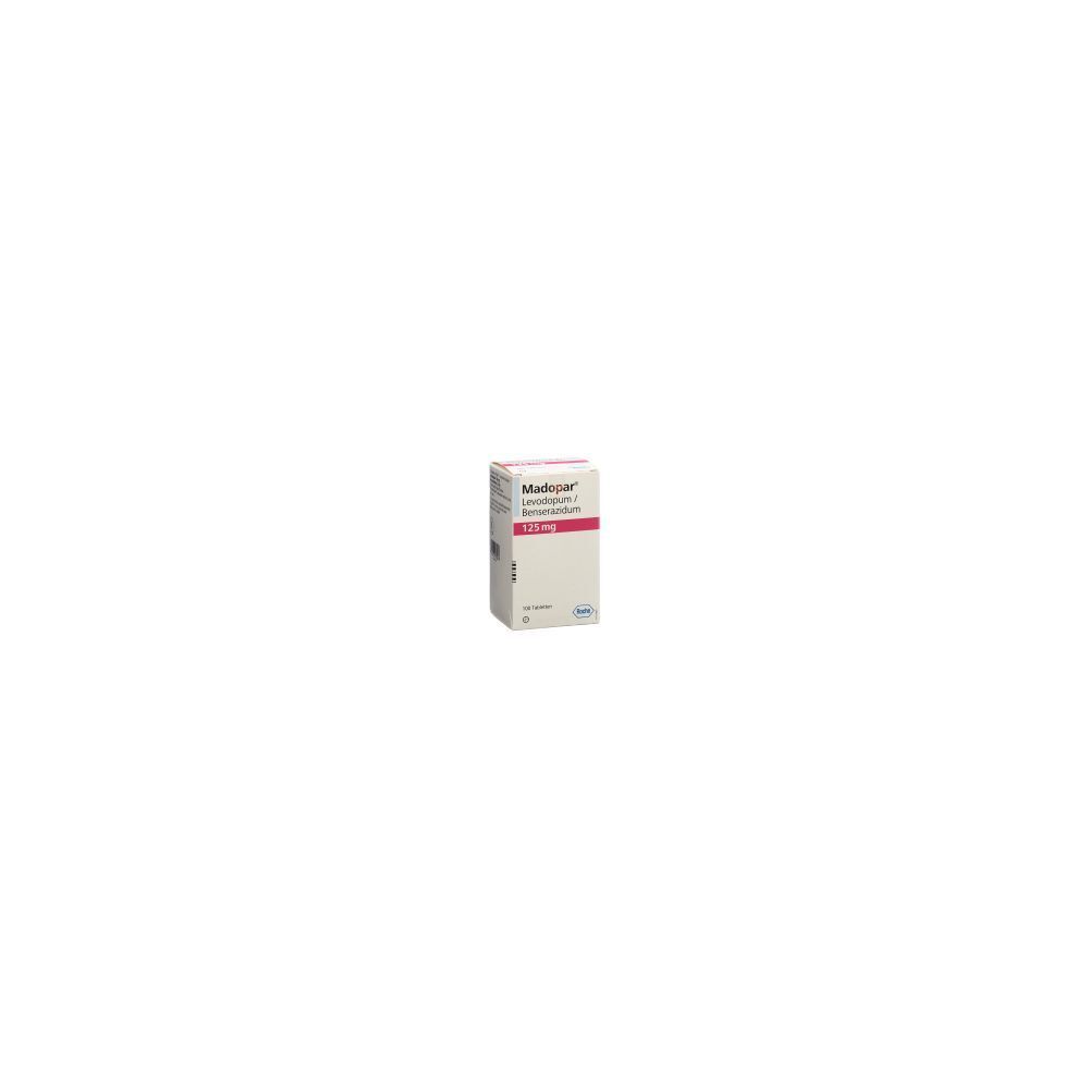 Boîte de médicament Madopar 125 mg. Inscriptions en blanc et rose sur fond blanc. Logo Roche visible.