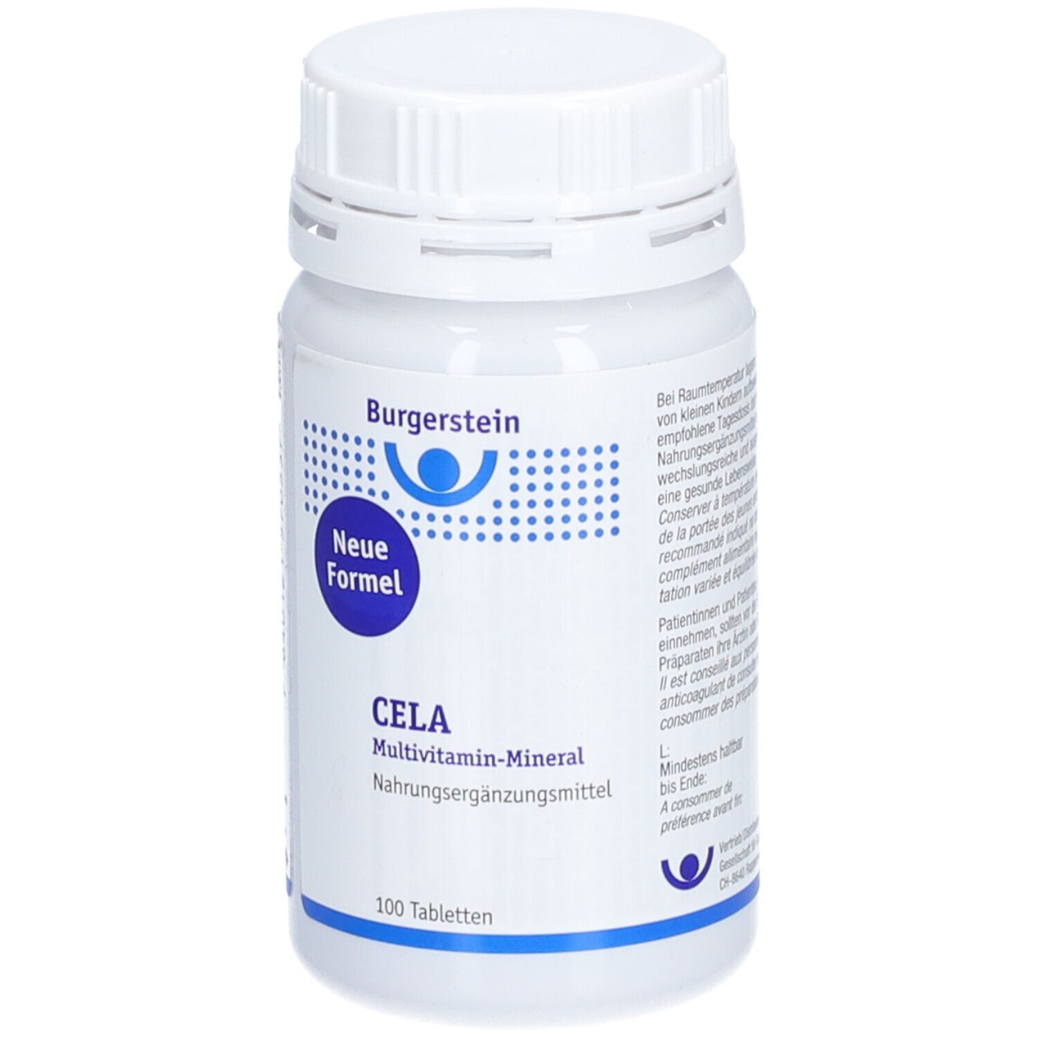 Weiße Flasche Burgerstein CELA Multivitamin-Mineral. Aufschrift: Neue Formel, Nahrungsergänzungsmittel. 100 Tabletten.