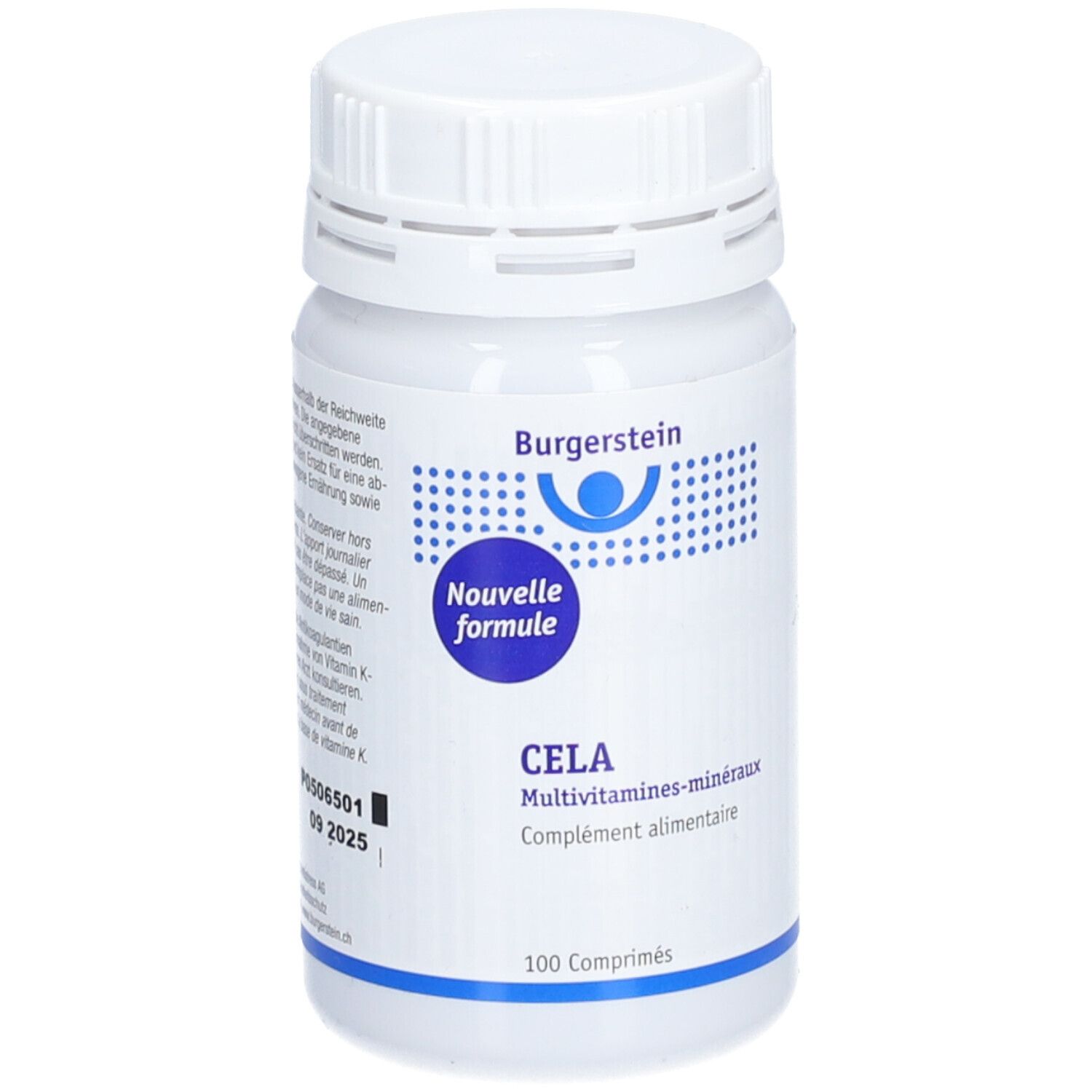 Weiße Flasche Burgerstein CELA Multivitamin-Mineral. Aufschrift: Nouvelle Formule, 100 comprimés.