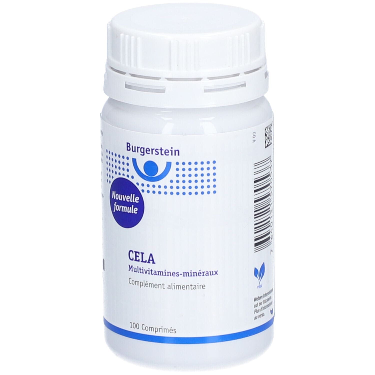 Weiße Flasche Burgerstein CELA Multivitamin-Mineral. Aufschrift: Nouvelle Formule, 100 comprimés.