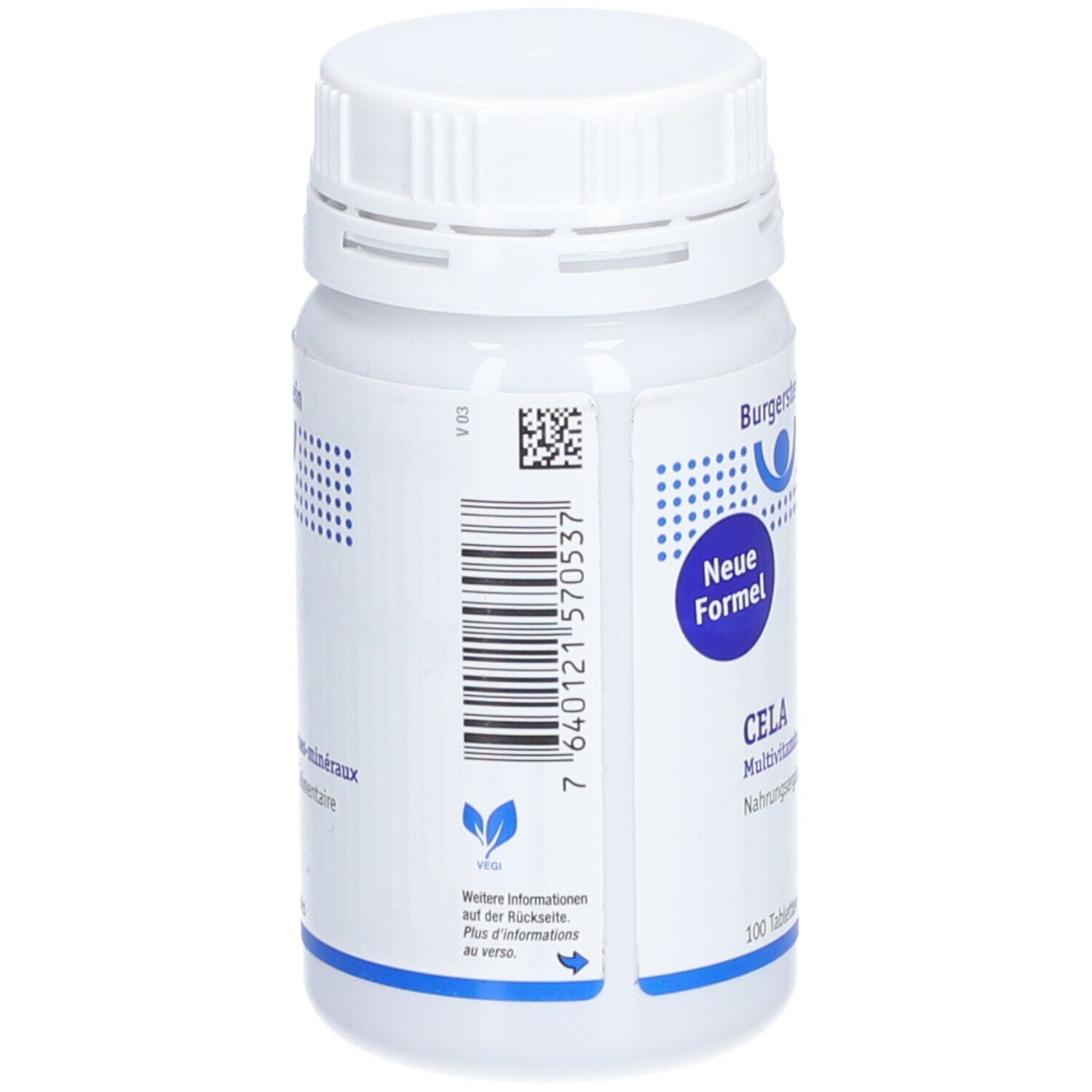 Rückseite der weißen Flasche Burgerstein CELA. Aufschrift: Neue Formel, Nahrungsergänzungsmittel. 100 Tabletten. Barcode.