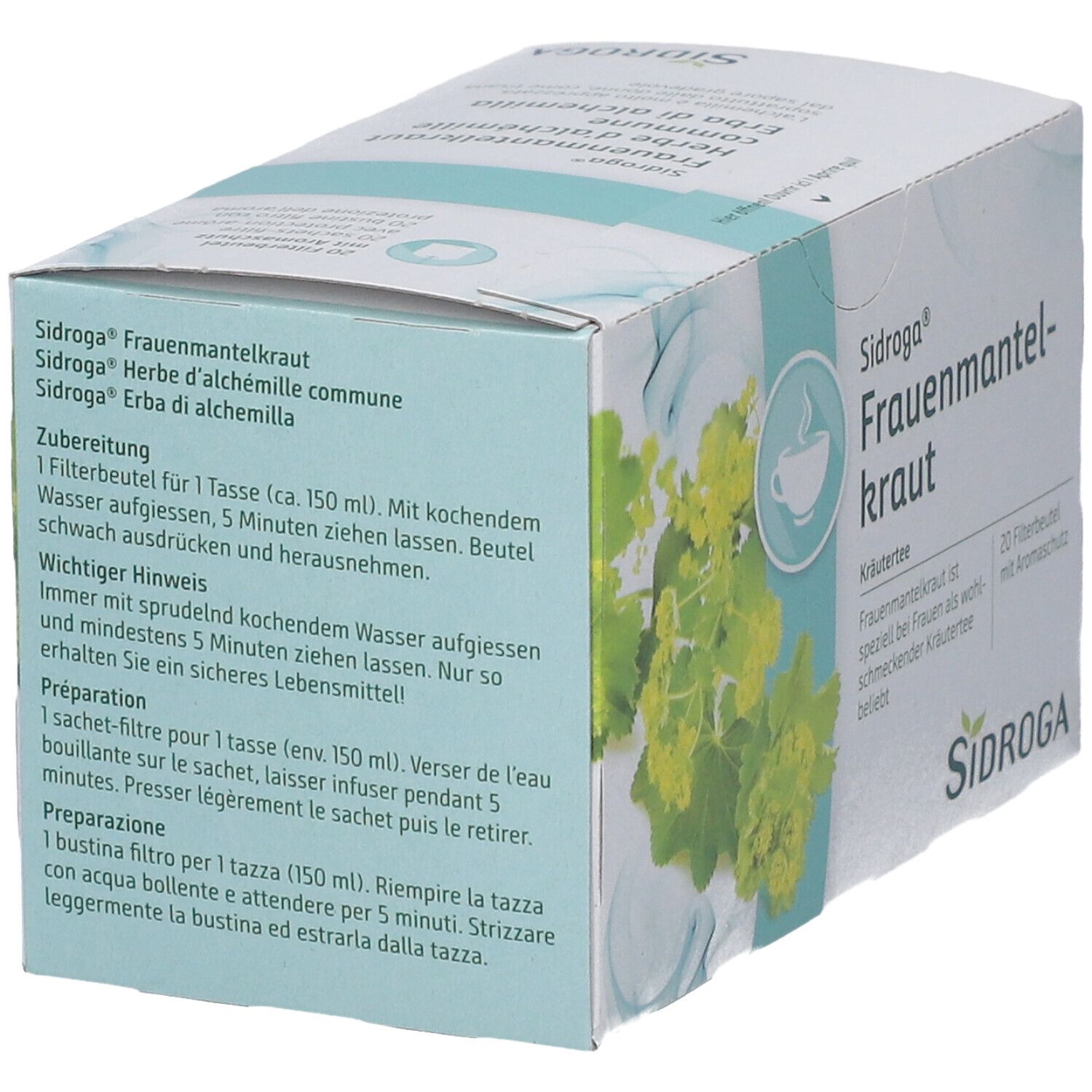 SIDROGA Frauenmantelkraut Kräutertee. Verpackung mit Zubereitungshinweisen in Deutsch, Französisch und Italienisch.