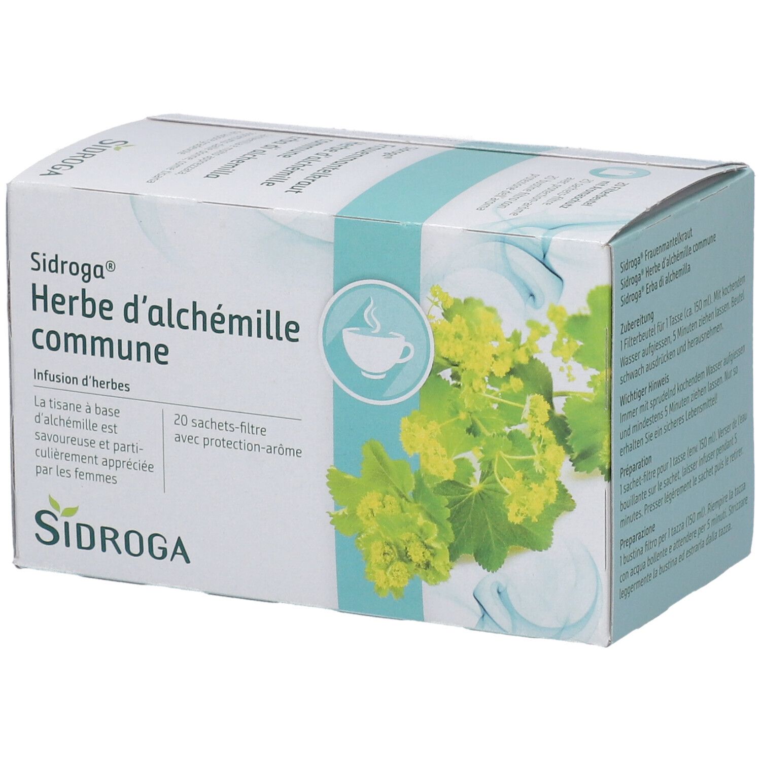 SIDROGA Herbe d'alchémille commune. Verpackung mit 20 Beuteln. Produktname und Logo sichtbar.