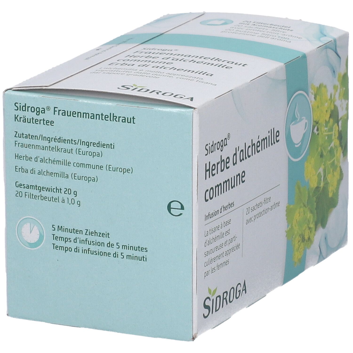 SIDROGA Frauenmantelkraut Kräutertee. Verpackung mit Zutaten und Zubereitungshinweisen. 20 Filterbeutel.