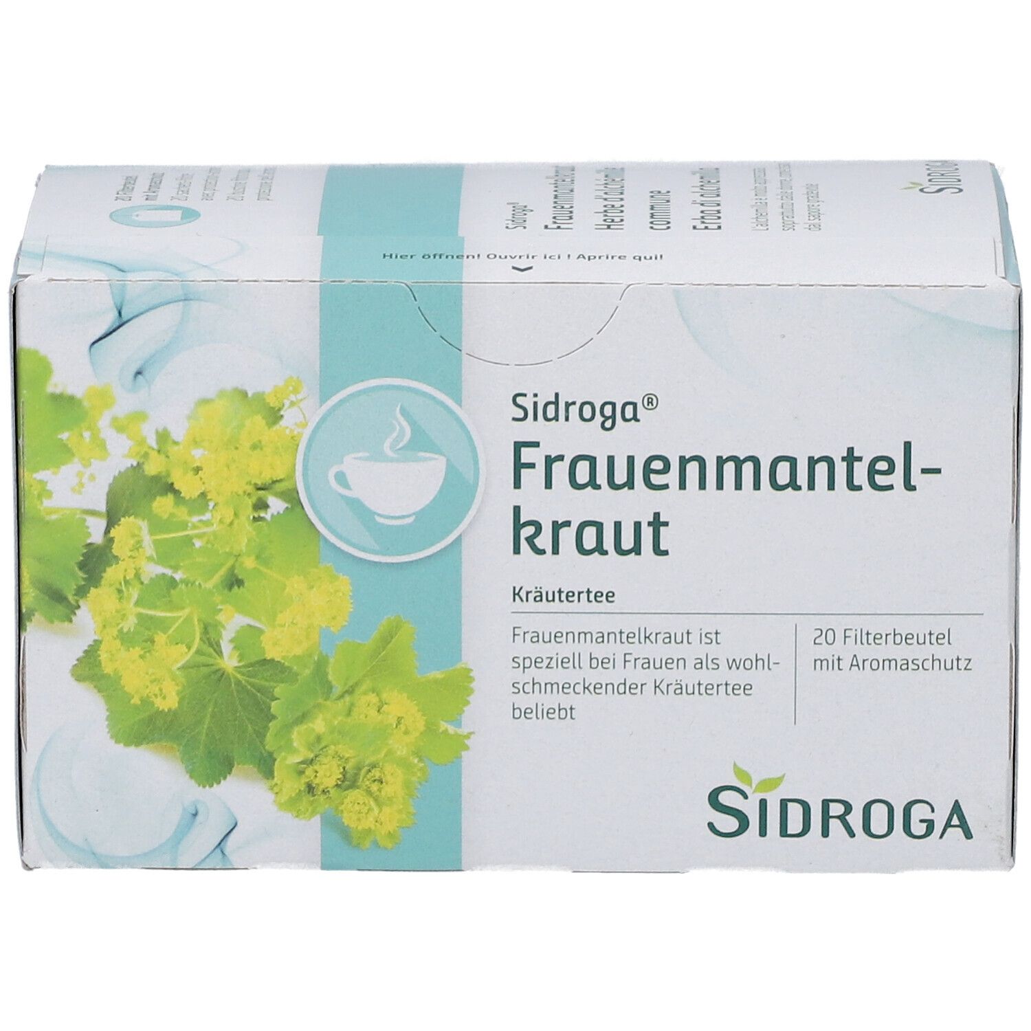 SIDROGA Frauenmantelkraut Kräutertee. Verpackung mit 20 Filterbeuteln. Logo und Produktname deutlich sichtbar.