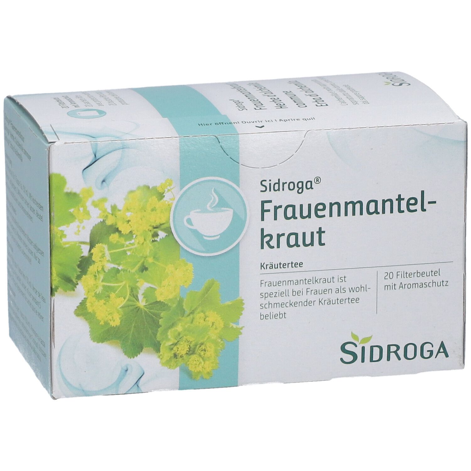SIDROGA Frauenmantelkraut Kräutertee. Verpackung mit 20 Filterbeuteln. Logo und Produktname deutlich sichtbar.