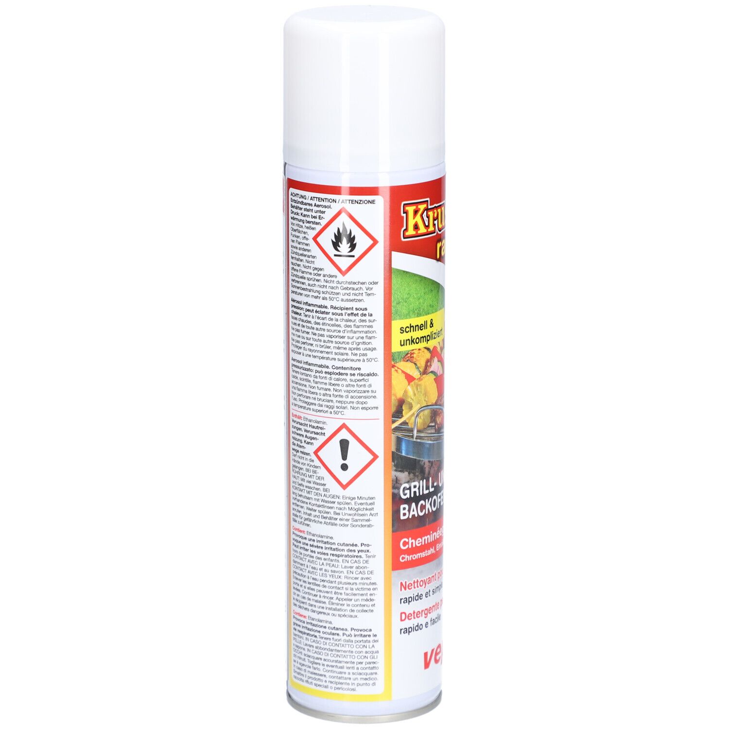 Rückseite der Reinigungs-Spraydose. Enthält Warnhinweise, Piktogramme und Text. Weiß, rot und schwarz bedruckt.
