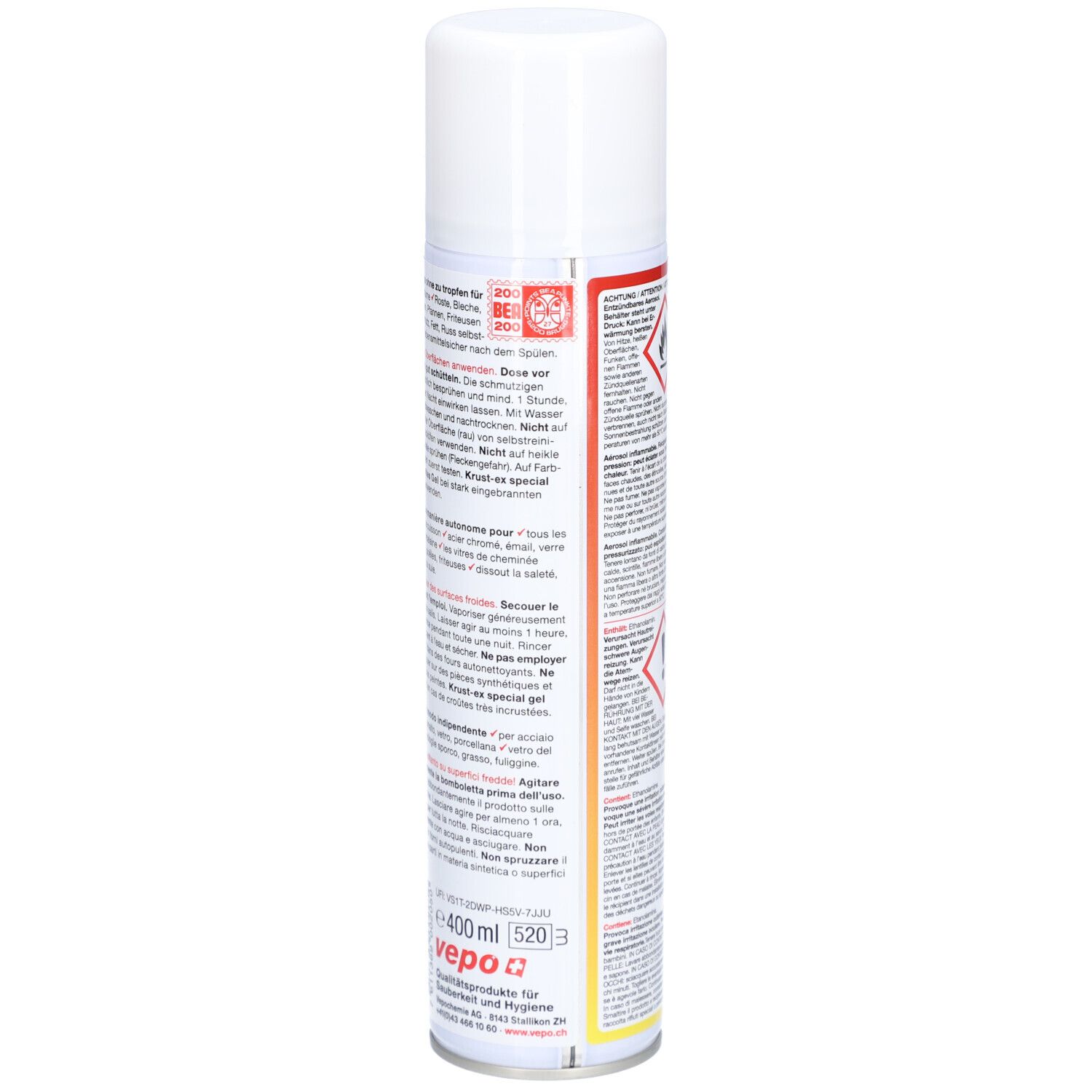 Rückseite der Spraydose mit Text und Warnhinweisen. Volumen 400 ml. Enthält Piktogramme. Weiß, rot und gelb bedruckt.