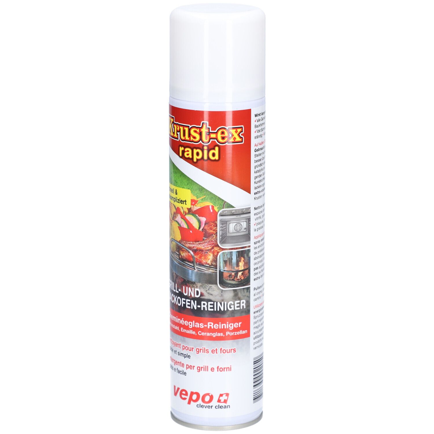 Reinigungsspray für Grills und Backöfen. Weiß-rote Dose mit Produktnamen und Abbildungen. Enthält Warnhinweise.