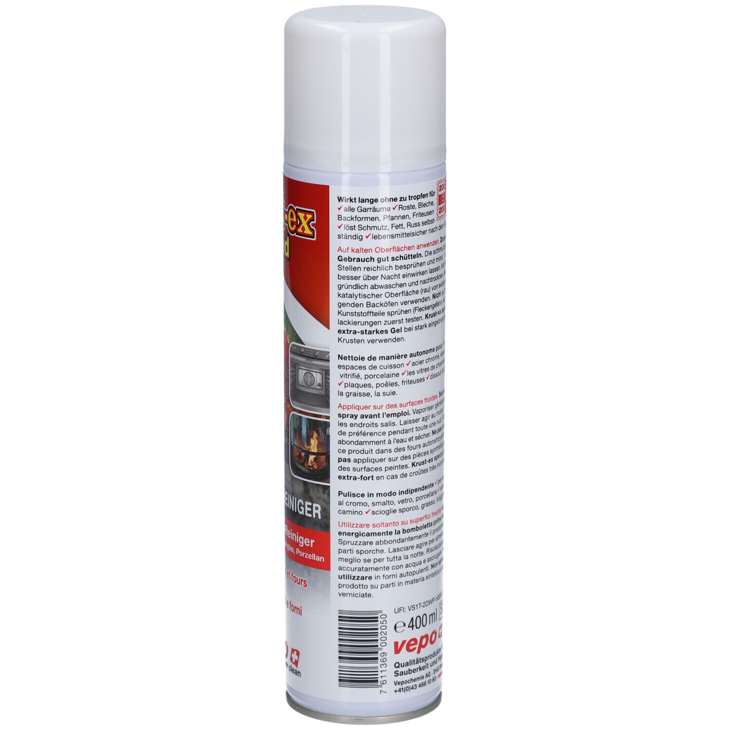 Rückseite der Spraydose mit Text und Warnhinweisen. Volumen 400 ml. Enthält Piktogramme. Weiß, rot und gelb bedruckt.