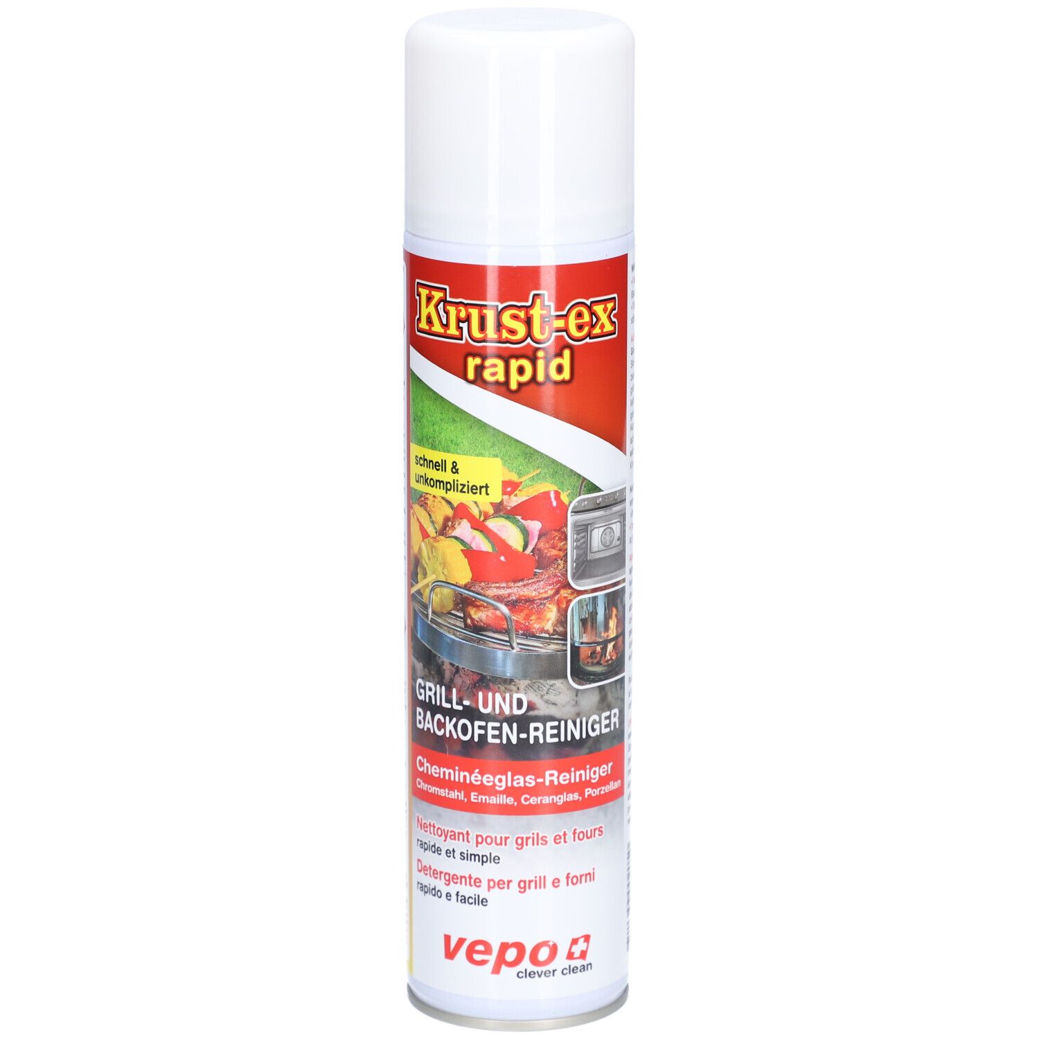 Reinigungsspray für Grills und Backöfen. Weiß-rote Dose mit Produktnamen und Abbildungen. Enthält Warnhinweise.