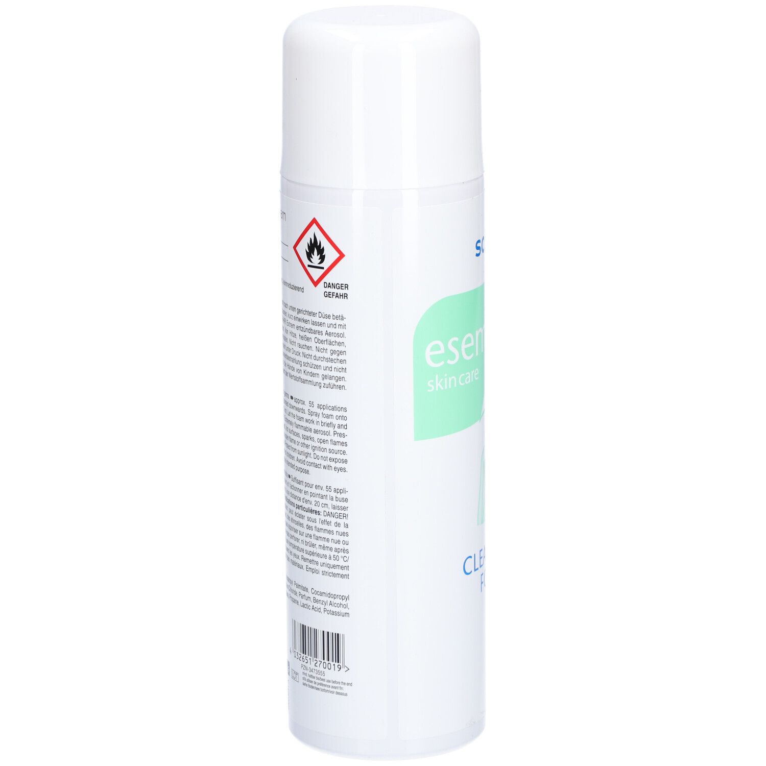 Weiße Sprühflasche mit Warnsymbolen und Text. Beschriftung: esemtan skincare, Cleansing Foam. Barcode.
