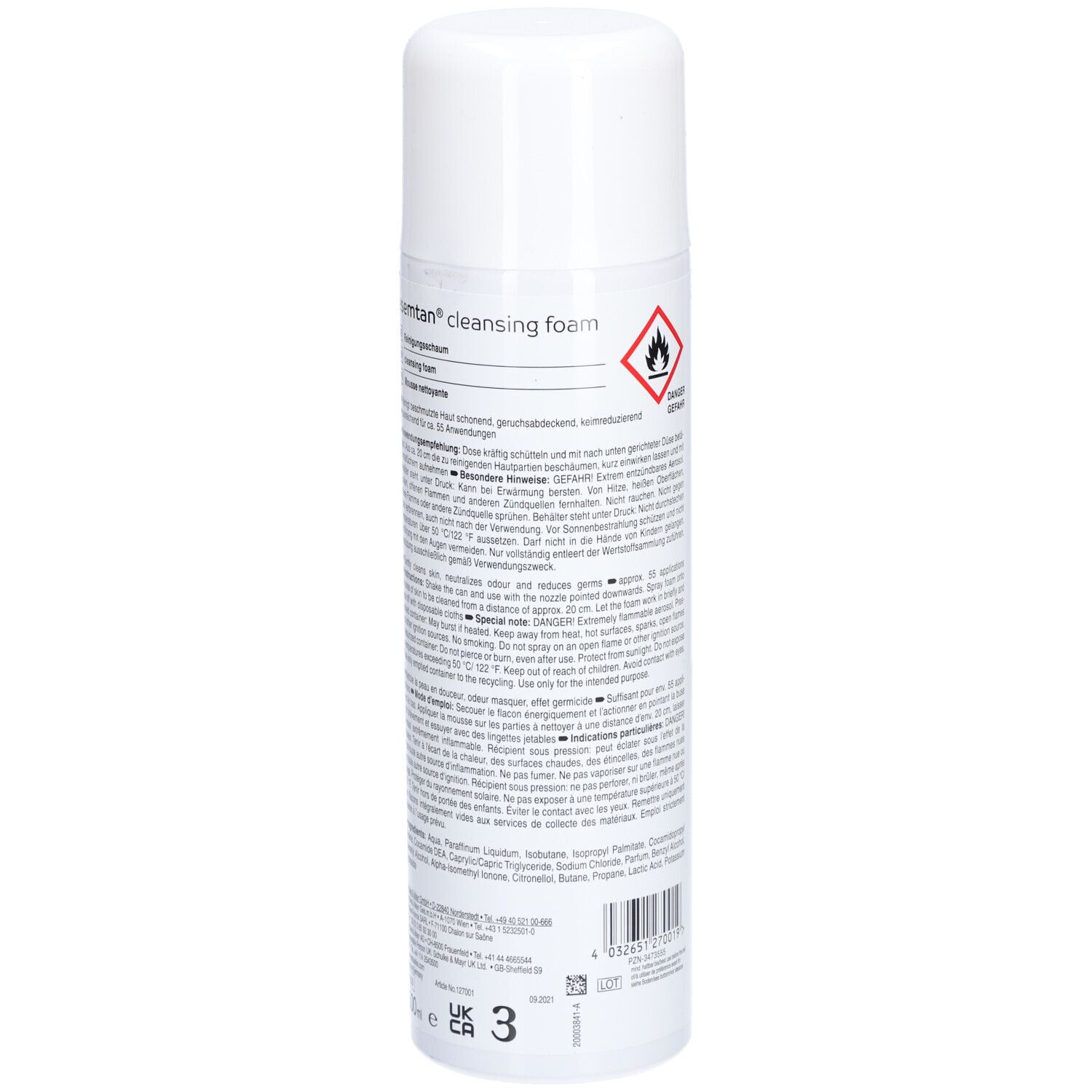 Weiße Sprühflasche mit Text und Warnsymbol. Beschriftung: esemtan cleansing foam. Text in mehreren Sprachen.