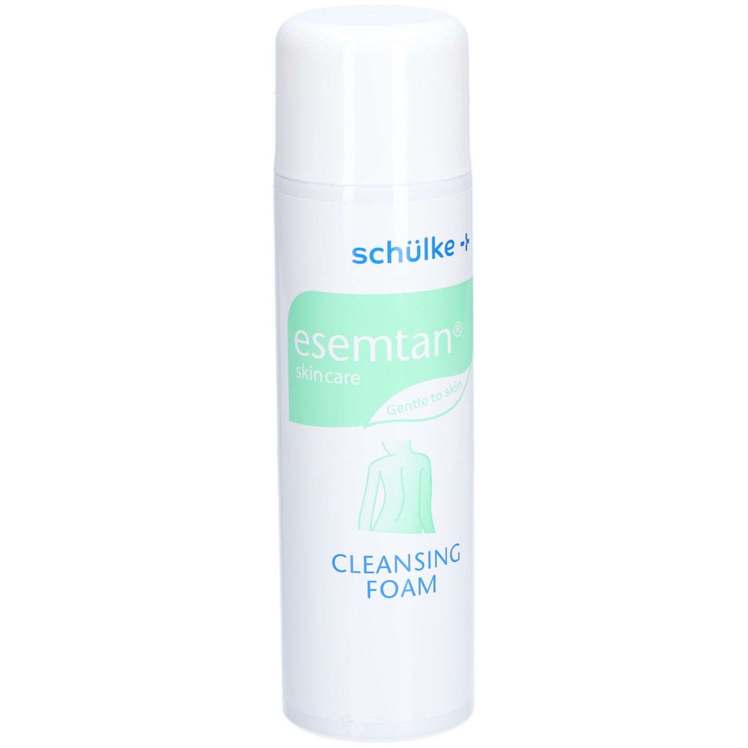 Weiß-grüne Sprühflasche. Beschriftung: schülke, esemtan skincare, Cleansing Foam. Abbildung eines Rückens.