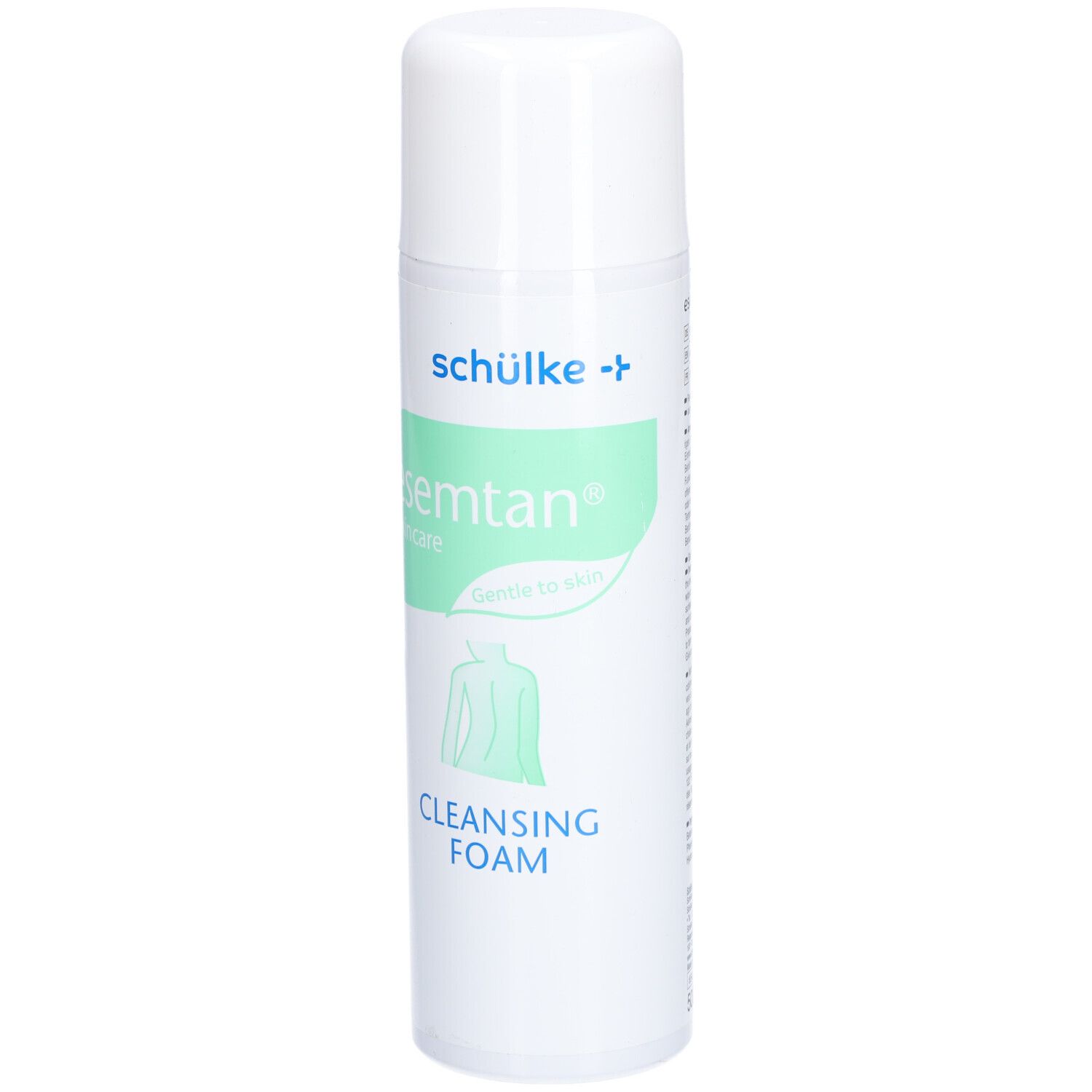 Weiß-grüne Sprühflasche. Beschriftung: schülke, esemtan skincare, Cleansing Foam. Abbildung eines Rückens.