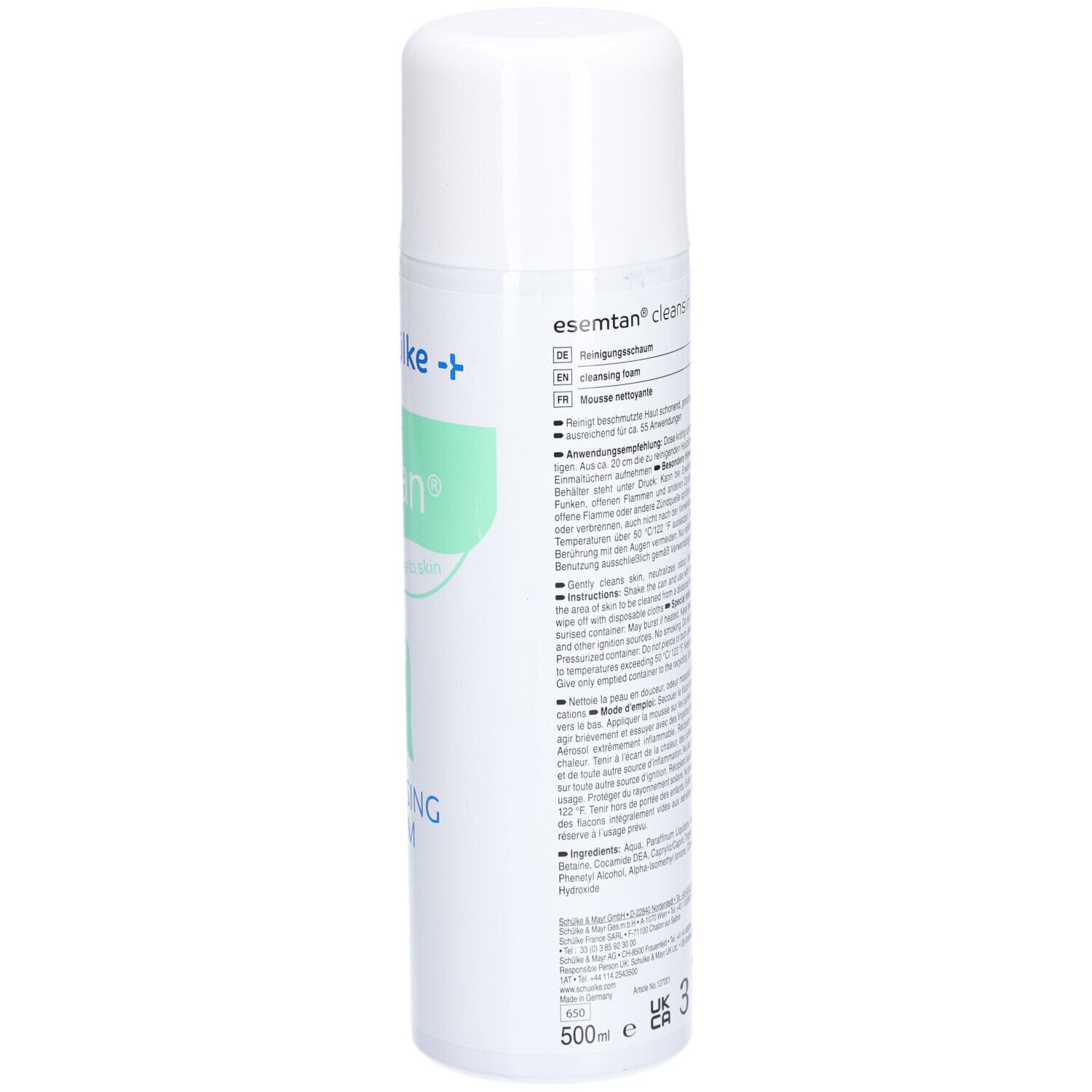 Weiße Sprühflasche mit Text. Beschriftung: schülke, esemtan cleansing foam. Text in mehreren Sprachen. 500ml.