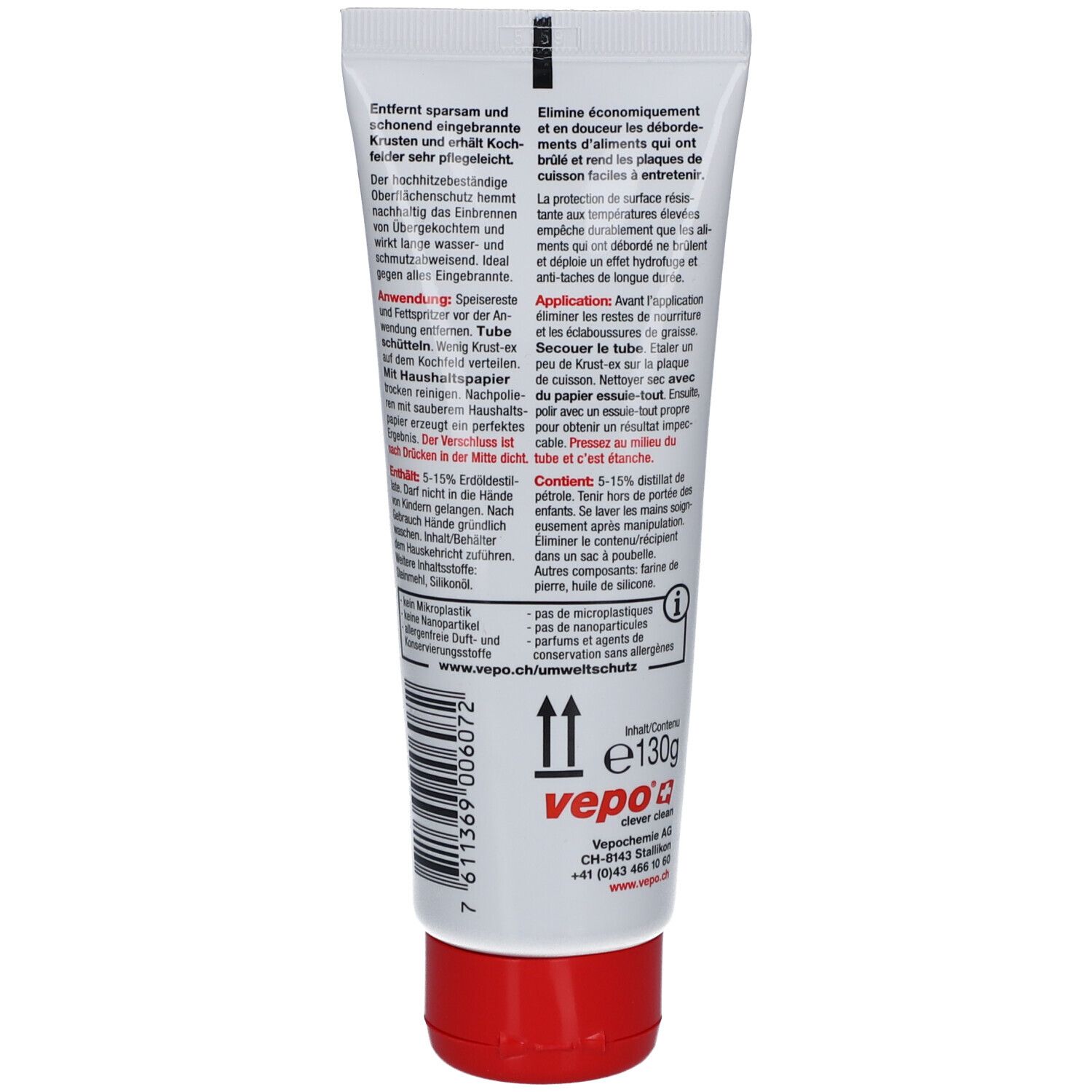Rückseite der Tube. Text in mehreren Sprachen. Roter Verschluss. Herstellerlogo und -adresse.