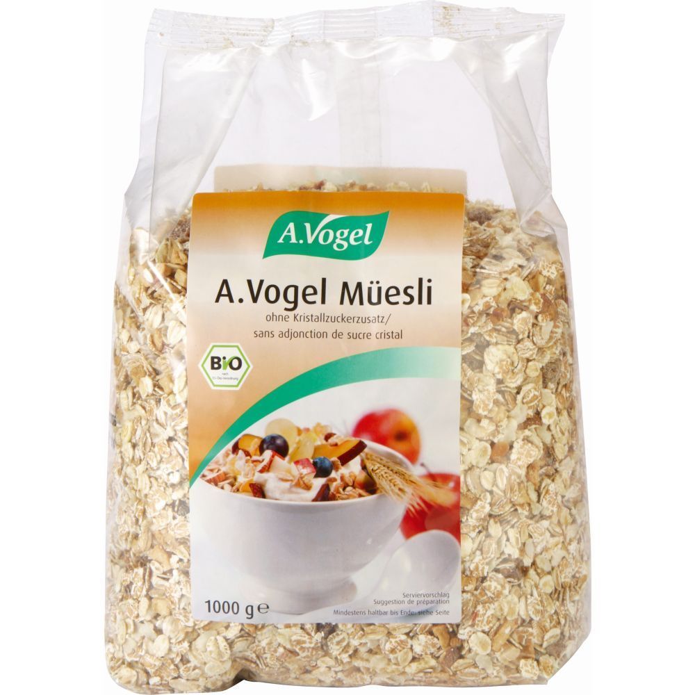 A.Vogel Müsli bio in transparenter Verpackung. Aufdruck mit Produktname, Logo und Bio-Siegel. Inhalt: 1000 g.