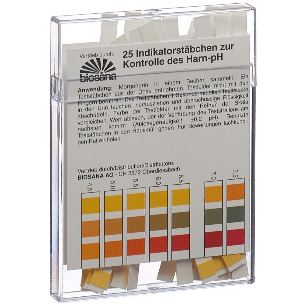 Transparente Box mit Teststreifen. Aufschrift: BIOSANA, 25 Indikatorstäbchen zur Kontrolle des Harn-pH. Farbskala.