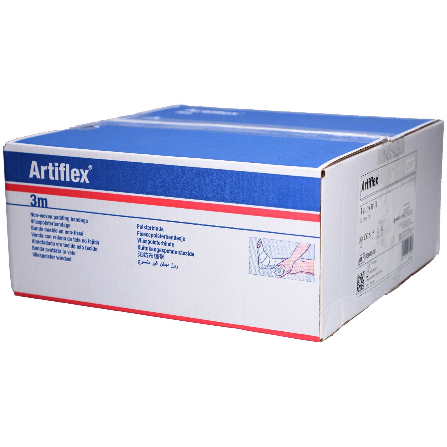 Karton mit Artiflex® Polsterbinden. Blaue und weiße Verpackung mit Produktnamen und 3m Angabe. Illustration eines Fußes.
