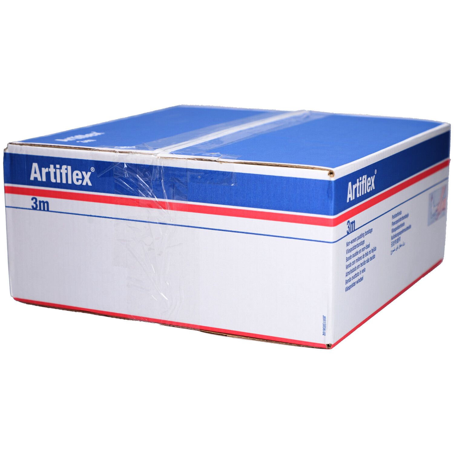 Karton mit Artiflex® Polsterbinden. Blaue und weiße Verpackung mit Produktnamen und 3m Angabe. Verpackt in Folie.