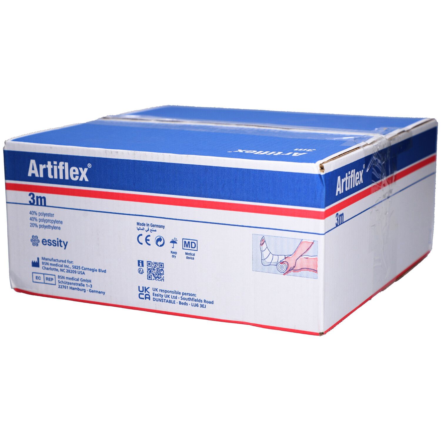 Karton mit Artiflex® Polsterbinden. Blaue und weiße Verpackung mit Produktnamen und 3m Angabe. Mit CE-Kennzeichnung und MD-Symbol.