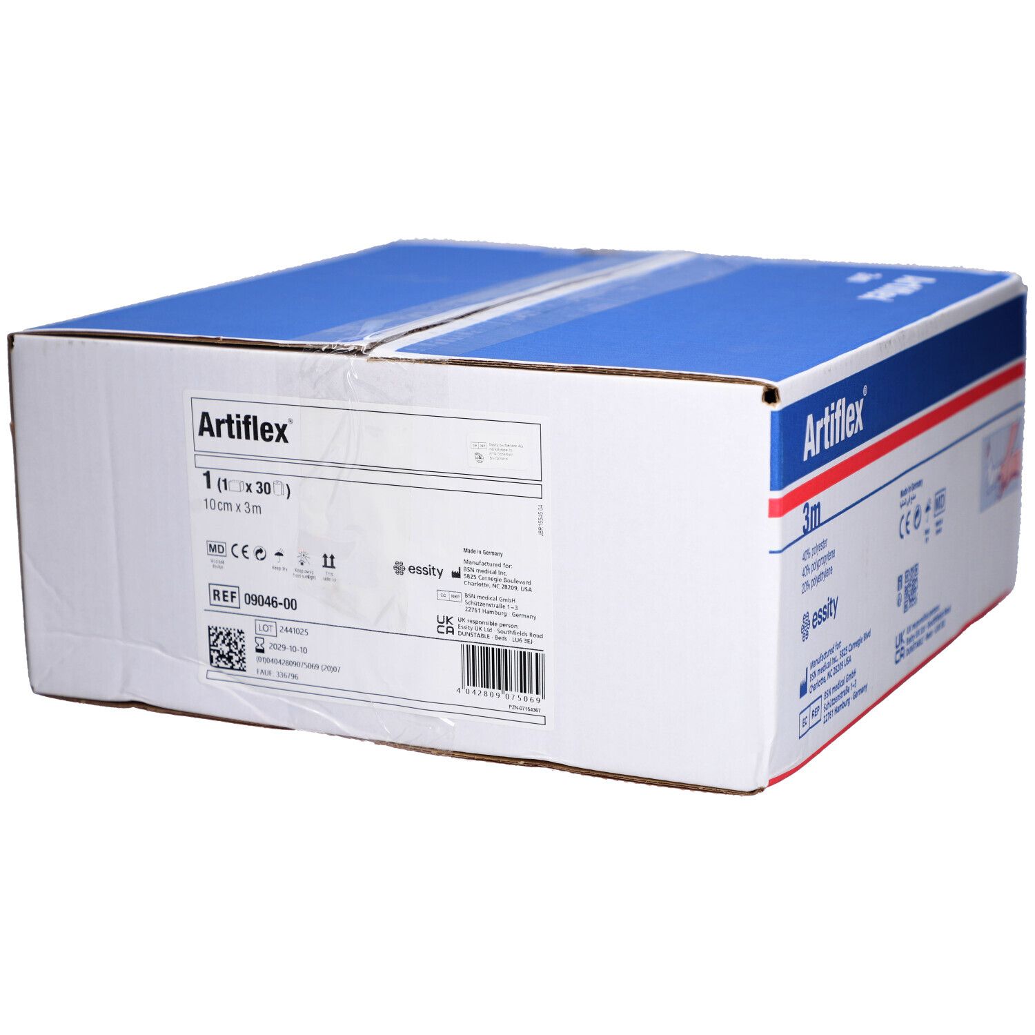 Karton mit Artiflex® Polsterbinden. Blaue und weiße Verpackung mit Produktnamen und Angabe 10cm x 3m. Mit REF-Nummer.