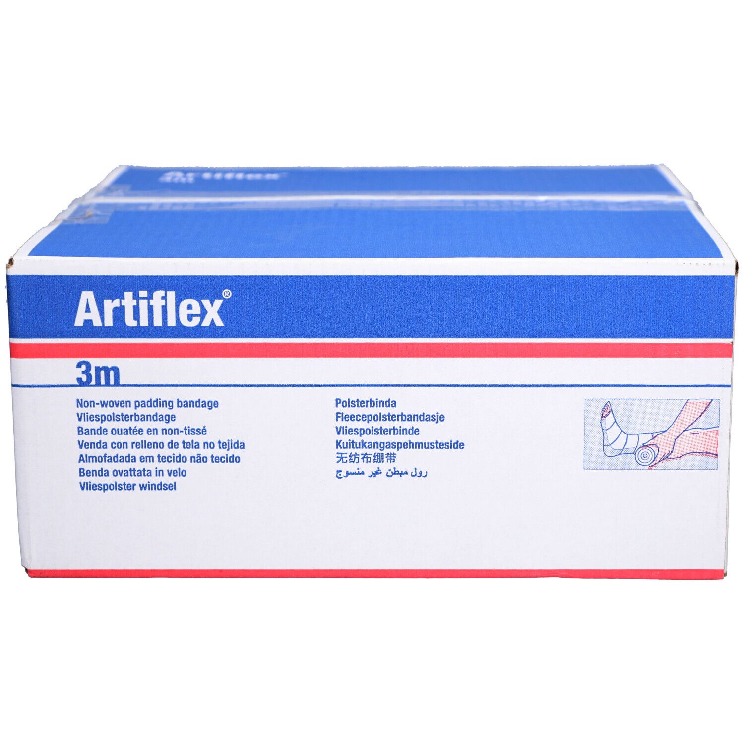 Karton mit Artiflex® Polsterbinden. Blaue und weiße Verpackung mit Produktnamen und 3m Angabe. Illustration eines Fußes.