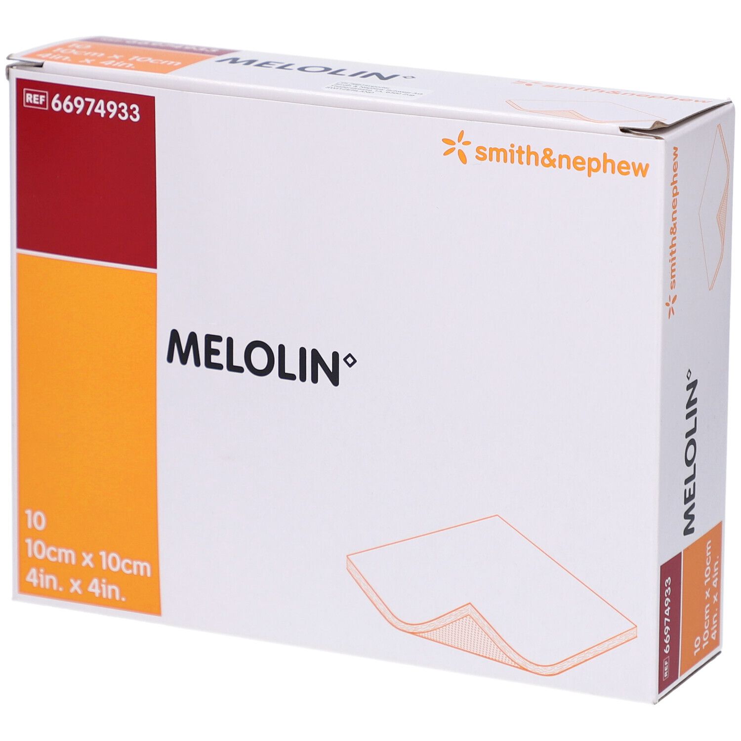 Boîte de MELOLIN. 10 compresses, 10cm x 10cm. Marque Smith & Nephew. Référence 66974933.