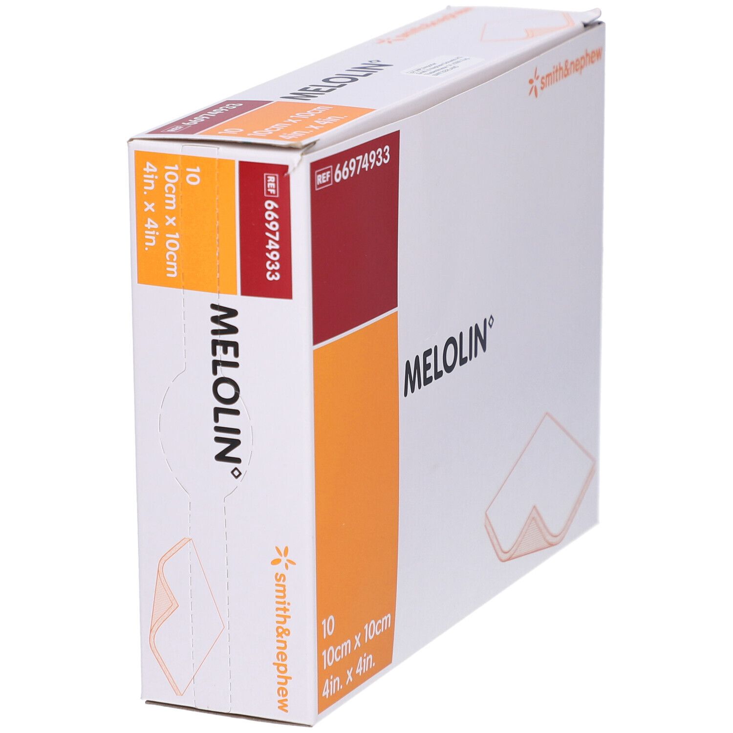 Boîte de MELOLIN. 10 compresses, 10cm x 10cm. Marque Smith & Nephew. Référence 66974933.