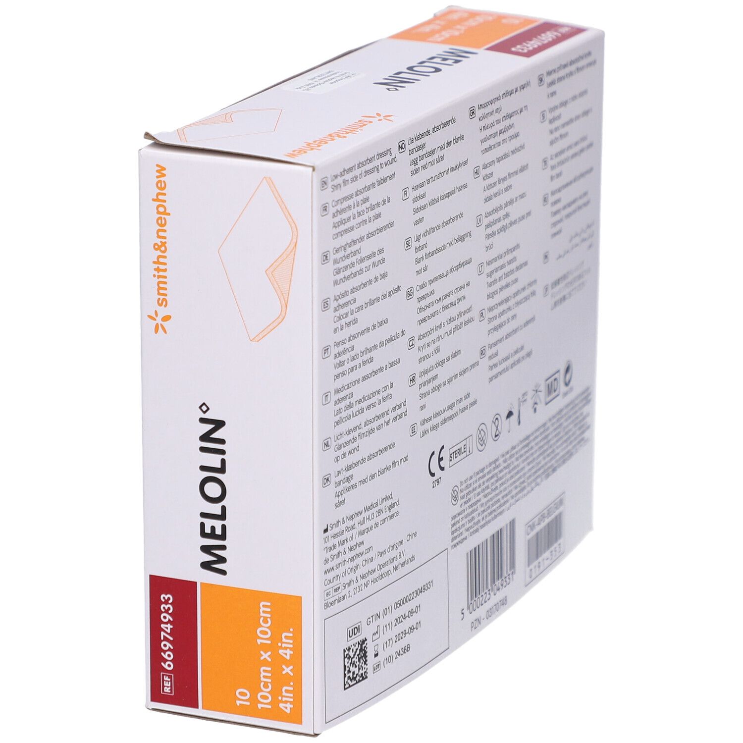 Boîte de MELOLIN. 10 compresses, 10cm x 10cm. Marque Smith & Nephew. Référence 66974933.