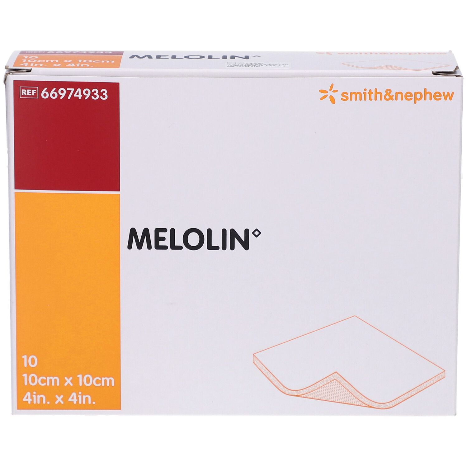 Boîte de MELOLIN. 10 compresses, 10cm x 10cm. Marque Smith & Nephew. Référence 66974933.