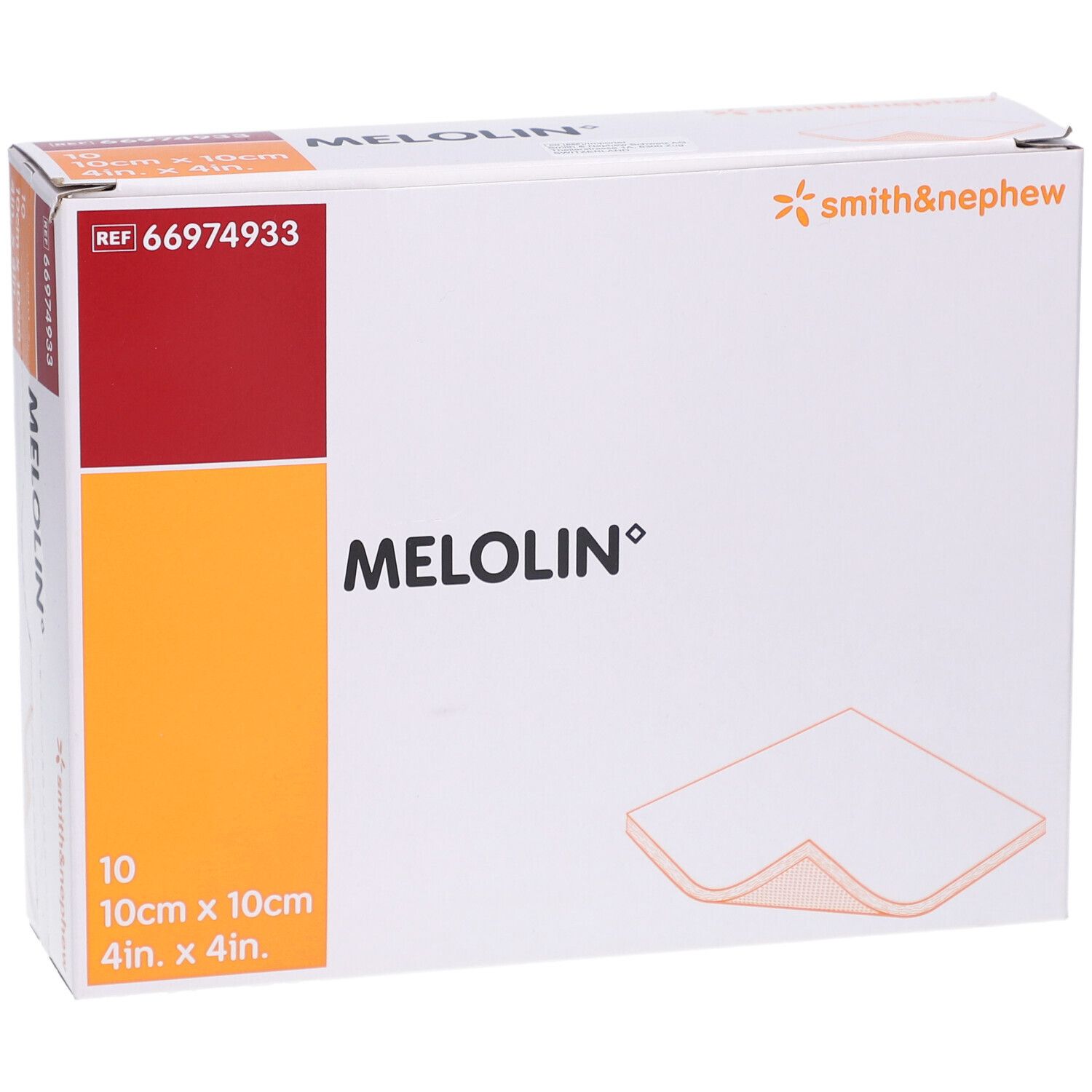 Boîte de MELOLIN. 10 compresses, 10cm x 10cm. Marque Smith & Nephew. Référence 66974933.