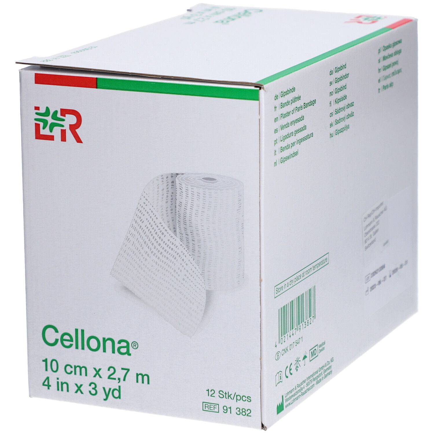 Boîte de bandes plâtrées L&R Cellona®. 10 cm x 2,7 m. 12 pièces. Visible : bande, nom de marque, désignation du produit.