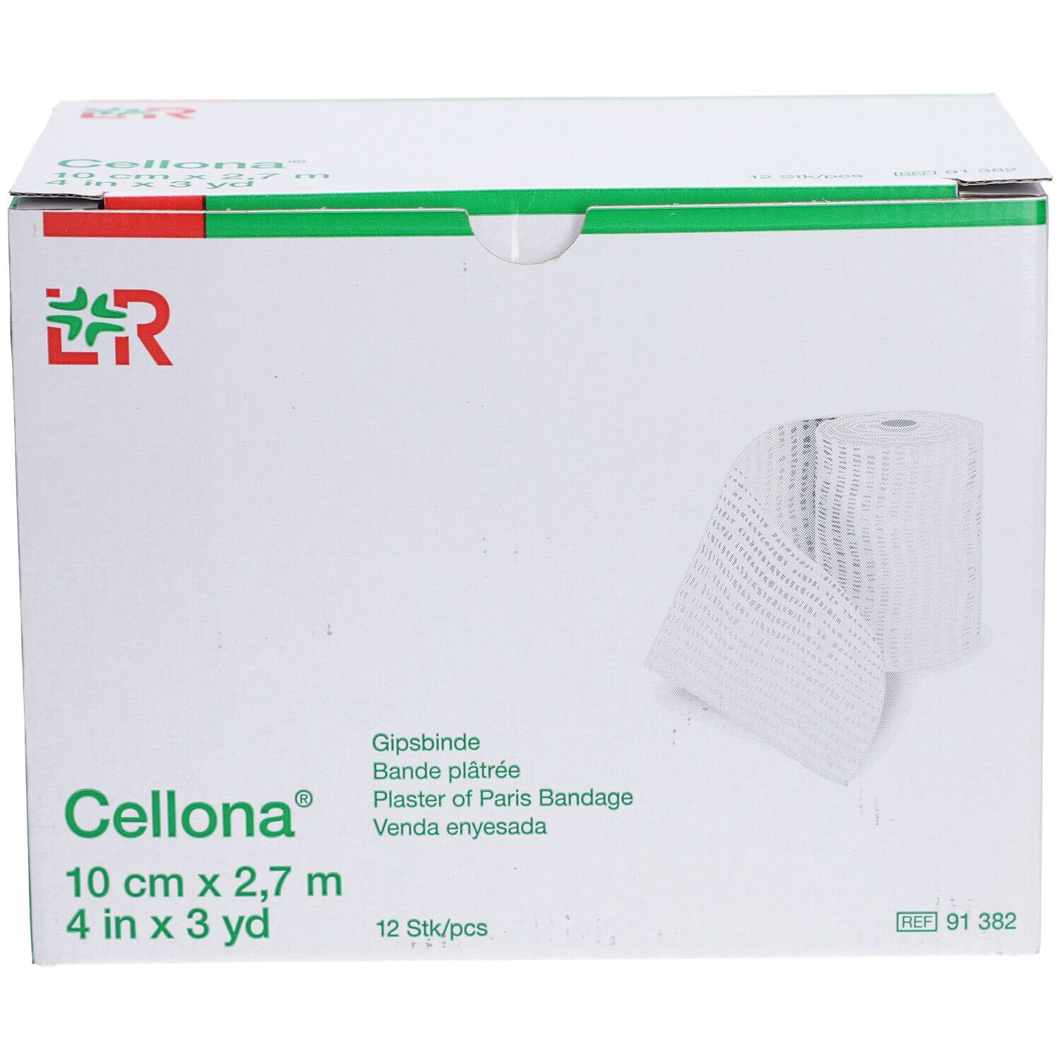 Boîte de bandes plâtrées L&R Cellona®. 10 cm x 2,7 m. 12 pièces. Visible : bande, nom de marque, désignation du produit.