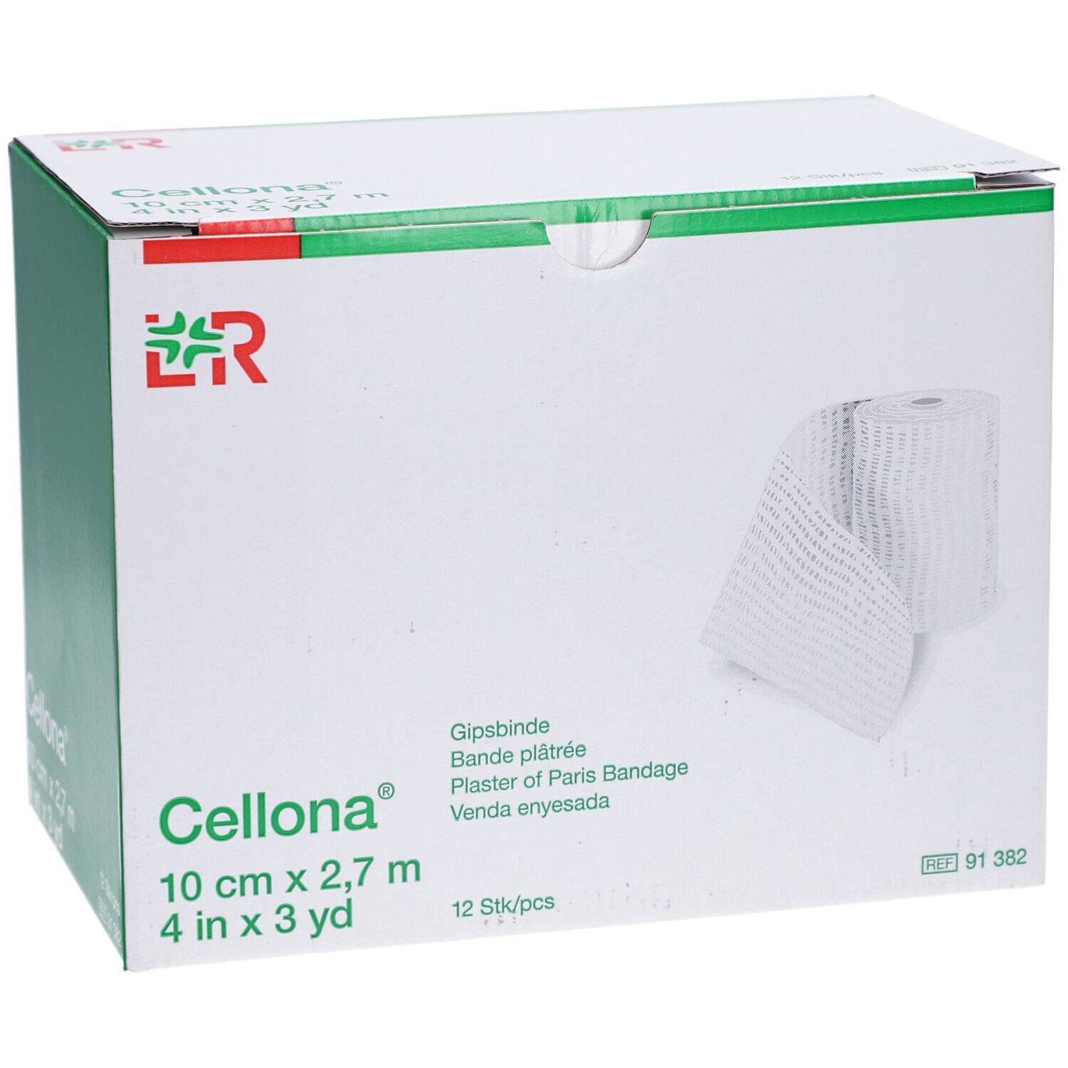 Boîte de bandes plâtrées L&R Cellona®. 10 cm x 2,7 m. 12 pièces. Visible : bande, nom de marque, désignation du produit.