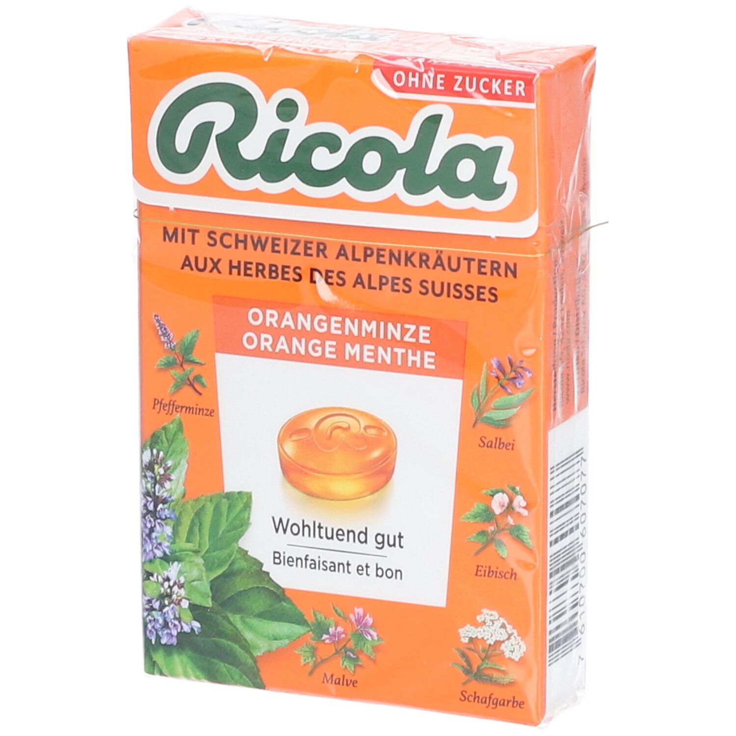 Boîte de bonbons Ricola Orange menthe. Emballage orange avec image du produit et texte.