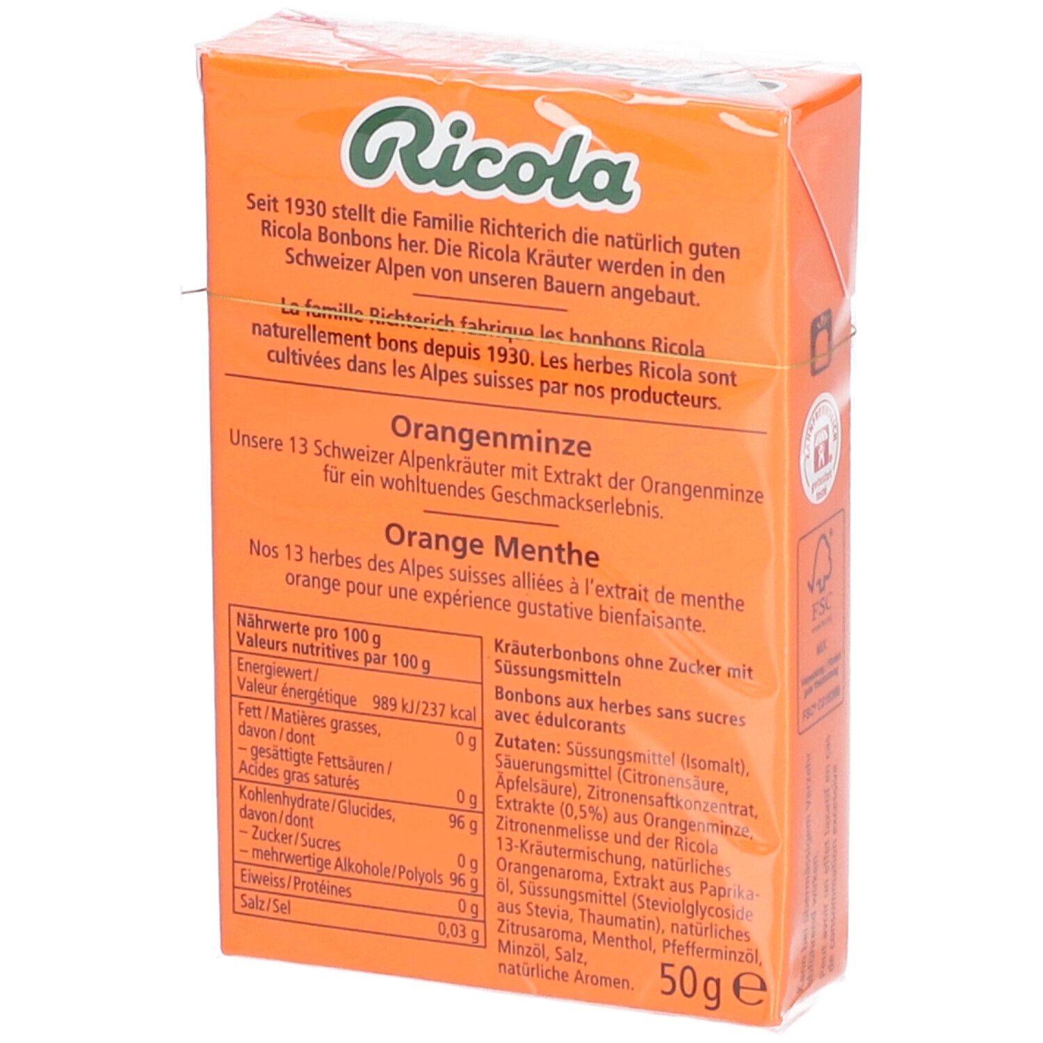 Dos de l'emballage des bonbons Ricola Orange menthe. Informations textuelles et valeurs nutritionnelles.
