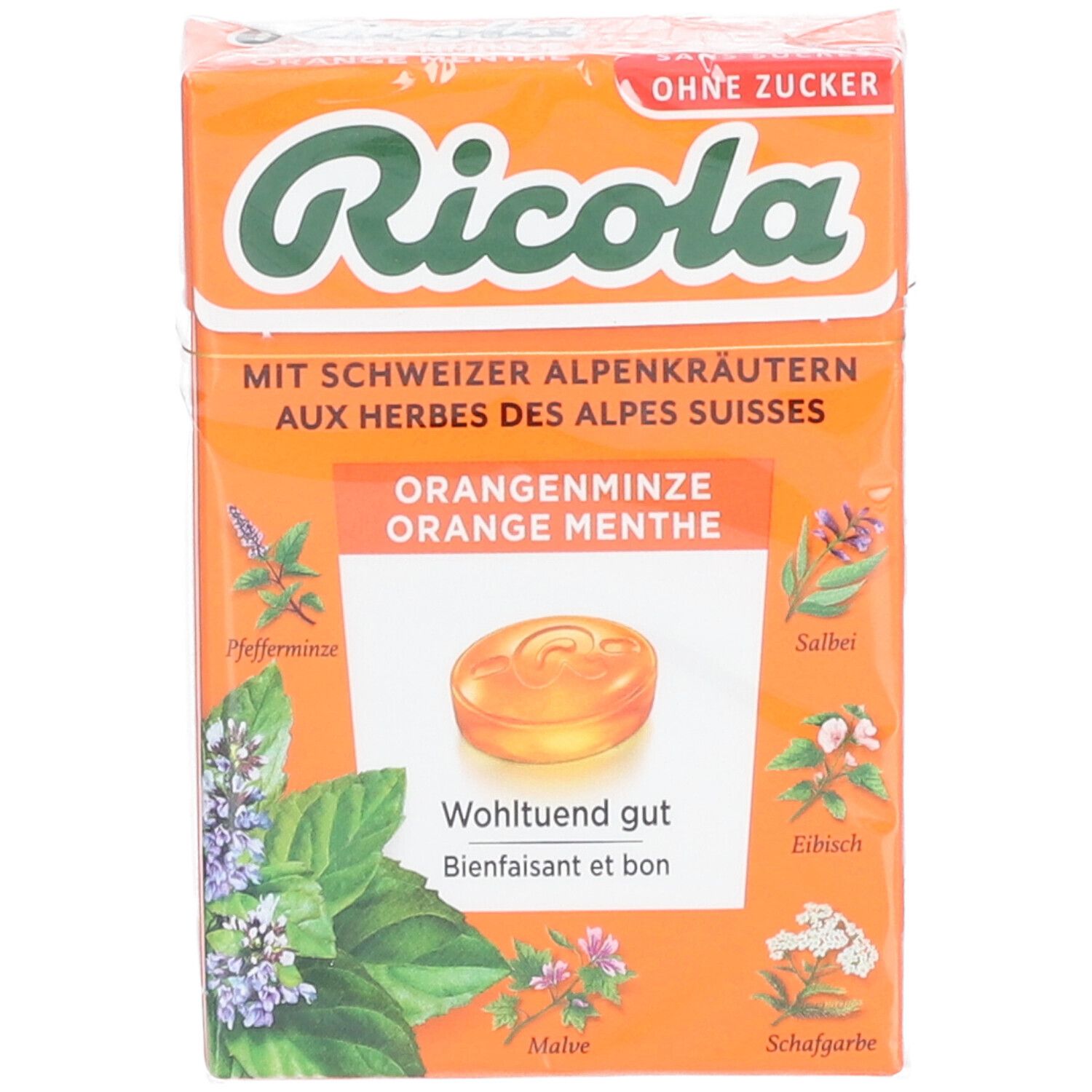 Emballage de bonbons Ricola Orange menthe. Boîte orange avec image du produit et texte.