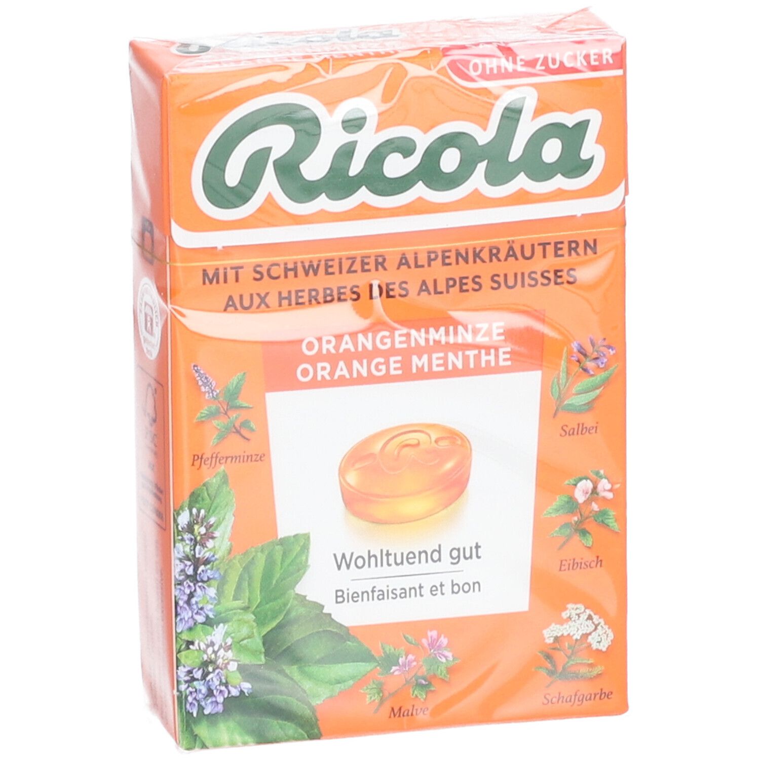 Emballage de bonbons Ricola Orange menthe. Boîte orange avec image du produit et texte.