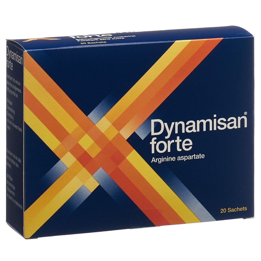 Blau-gelbe Schachtel mit "Dynamisan forte"-Logo. Enthält 20 Sachets. Aufschrift: Arginin aspartate.