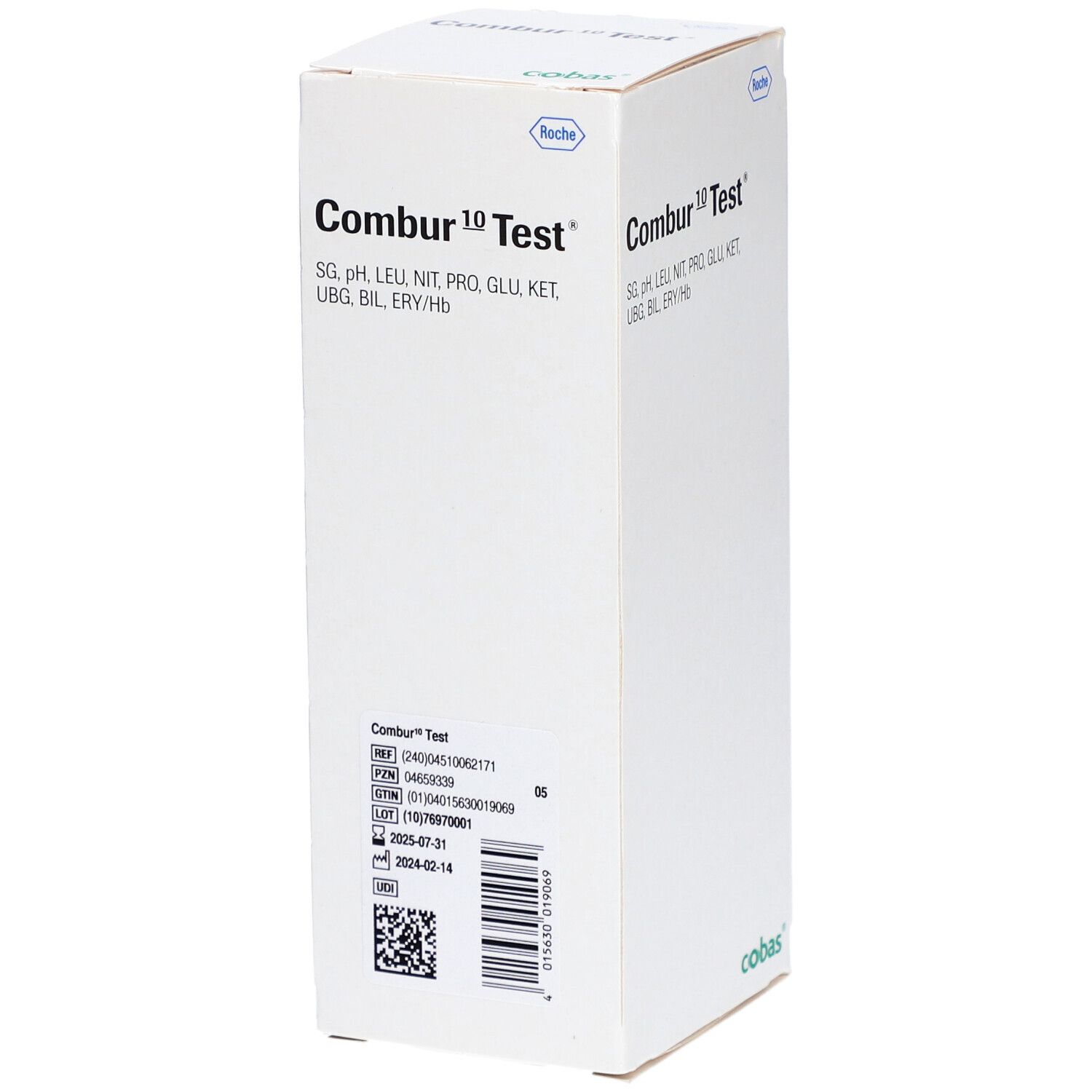 Boîte blanche "Combur 10 Test". Paramètres de test et logo imprimés. Code-barres et autres informations.
