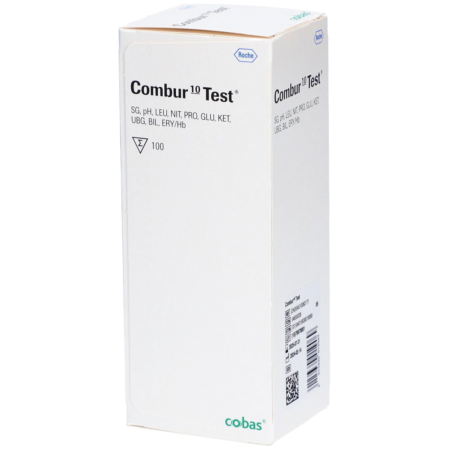 Boîte blanche "Combur 10 Test". Paramètres de test et logo imprimés. "100" et autres symboles.