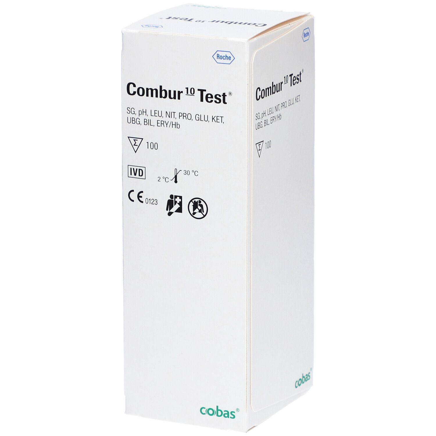 Boîte blanche "Combur 10 Test". Paramètres de test et logo imprimés. Symboles de température et marquage CE.