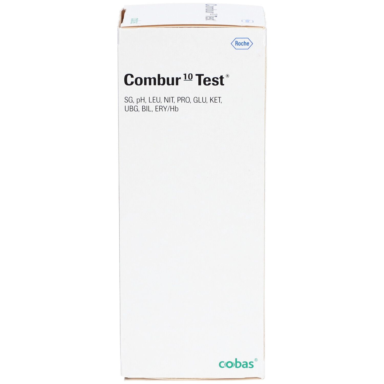 Boîte blanche "Combur 10 Test". Paramètres de test et logo imprimés. Forme carrée.