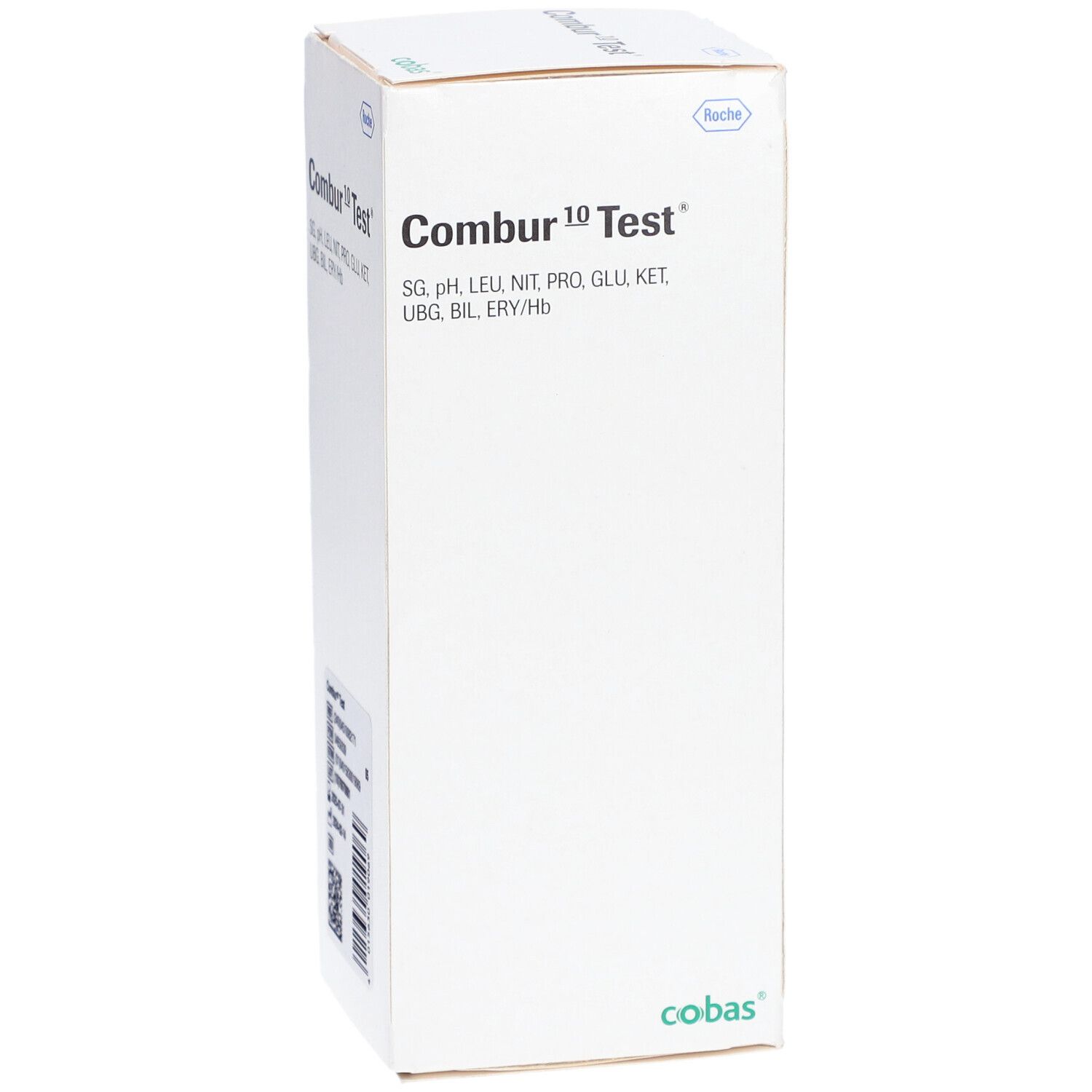 Boîte blanche "Combur 10 Test". Paramètres de test et logo imprimés. Forme carrée.