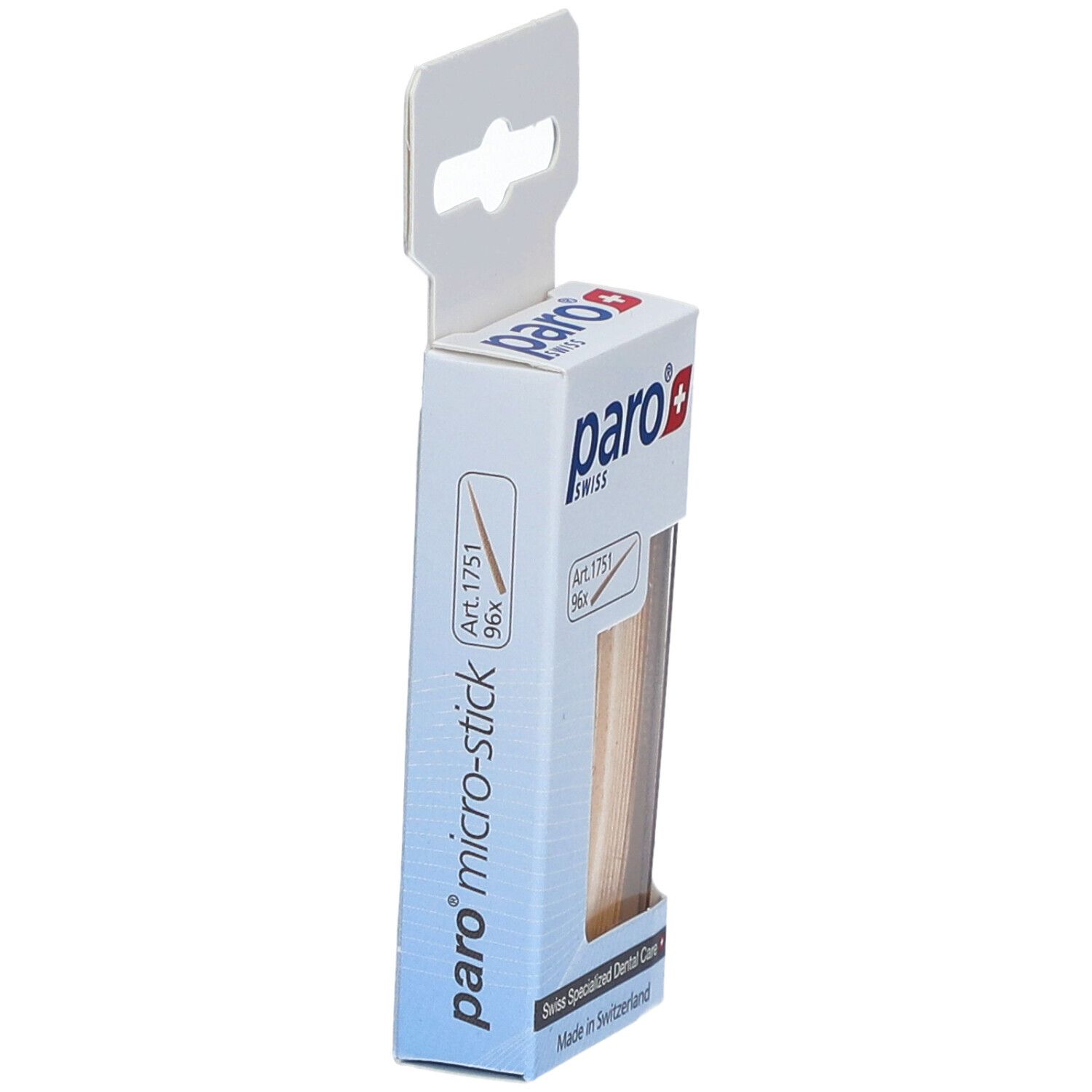 Seitenansicht der Verpackung mit paro® micro-sticks. Sichtfenster zeigt Holzstäbchen. Aufdruck: Art. 1751, 96x.