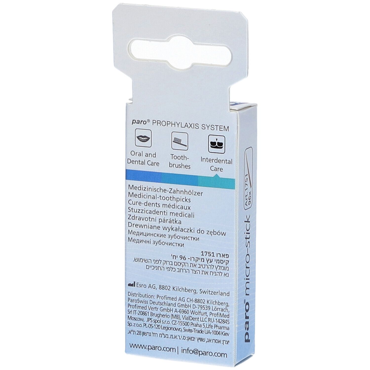 Rückseite der Verpackung mit paro® micro-sticks. Mehrsprachiger Text. Aufdruck: Art. 1751, 96x.
