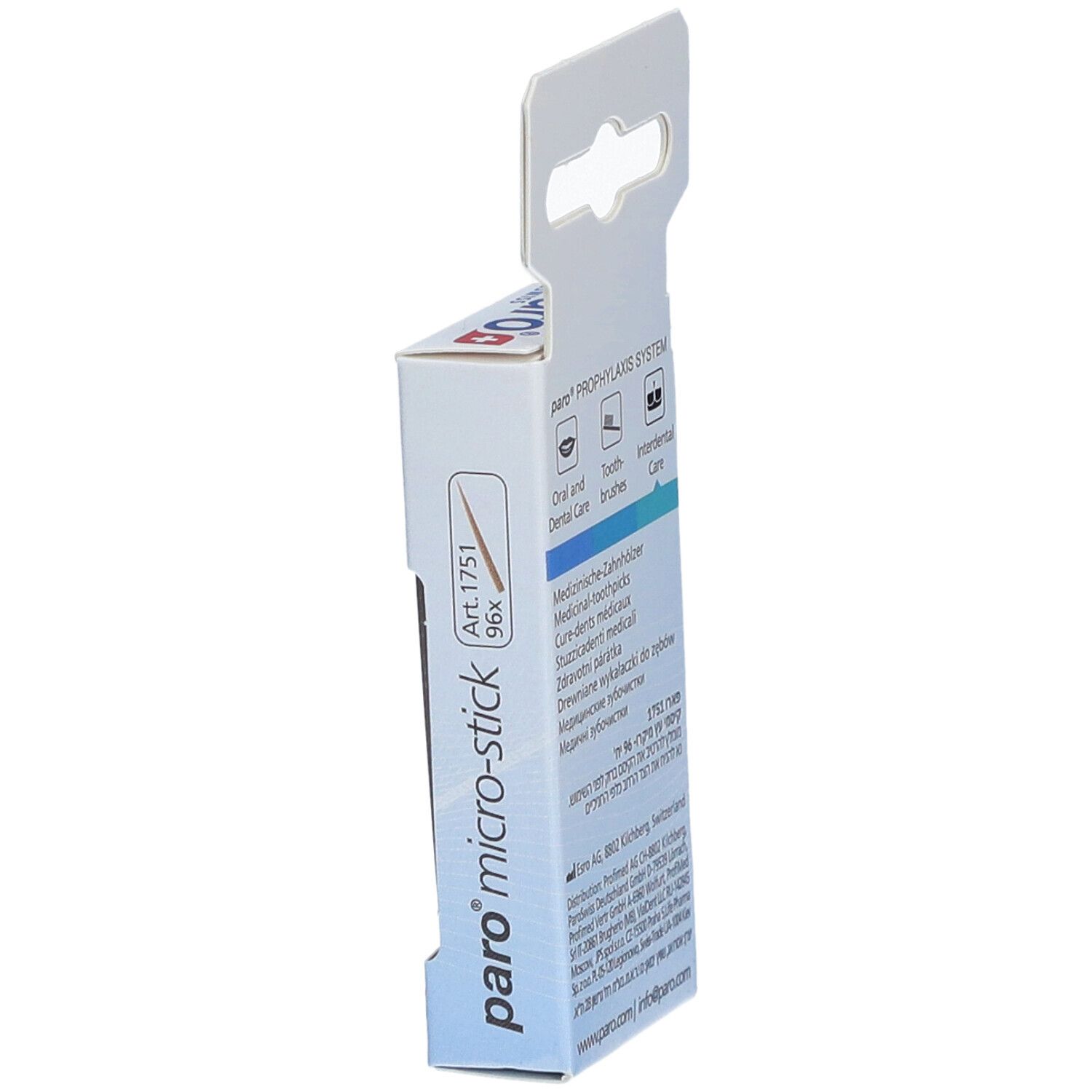 Seitenansicht der Verpackung mit paro® micro-sticks. Mehrsprachiger Text. Aufdruck: Art. 1751, 96x.